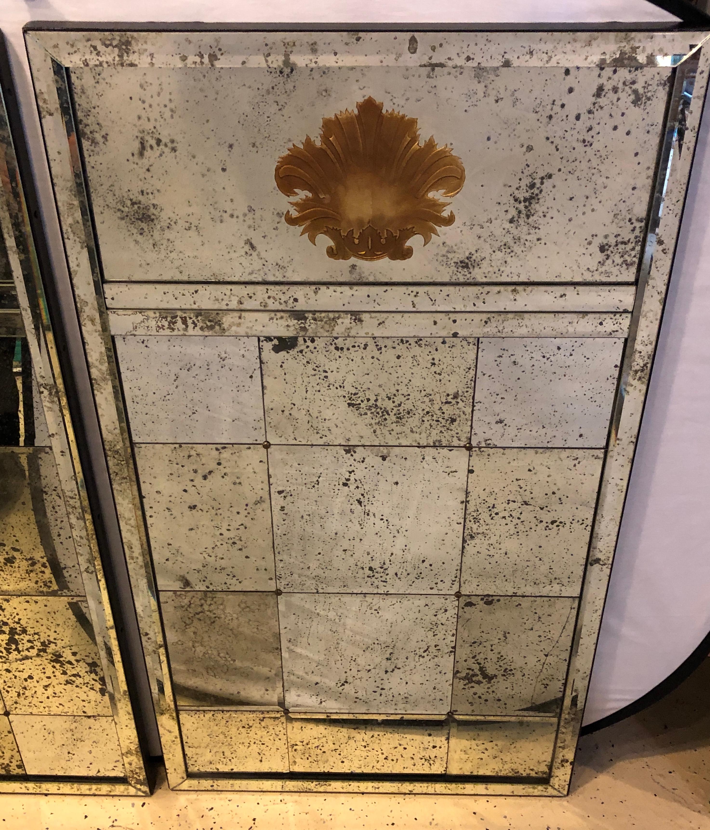 20th Century Pair of Art Deco Beveled Console or Wall Mirrors with Engraved Gilt Shell Motif