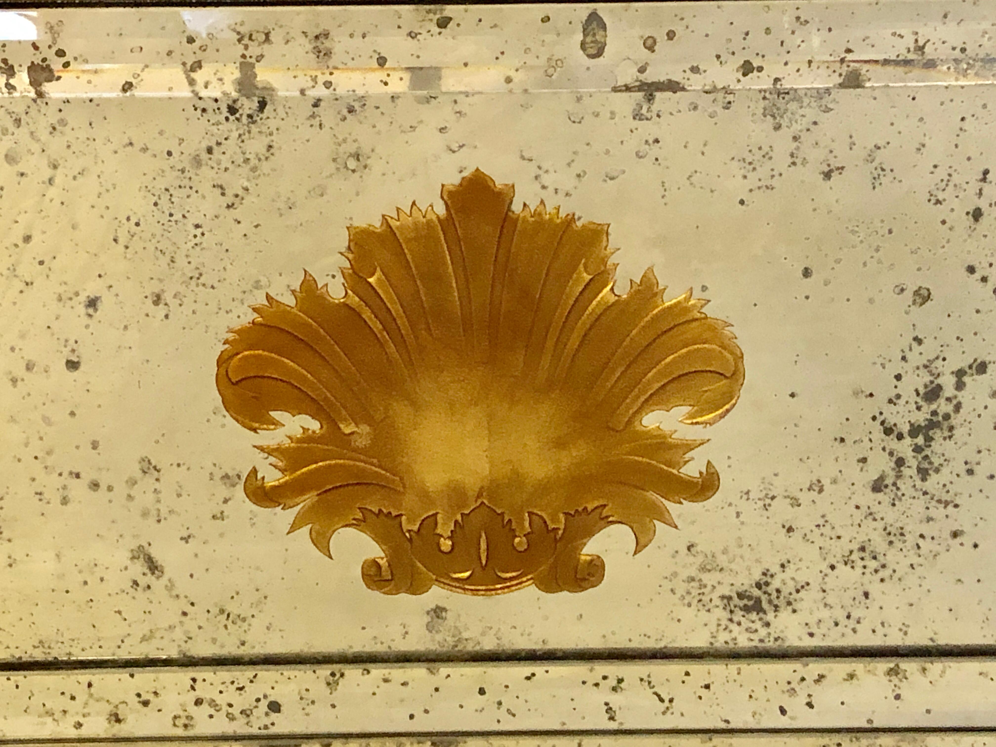 Pair of Art Deco Beveled Console or Wall Mirrors with Engraved Gilt Shell Motif 1