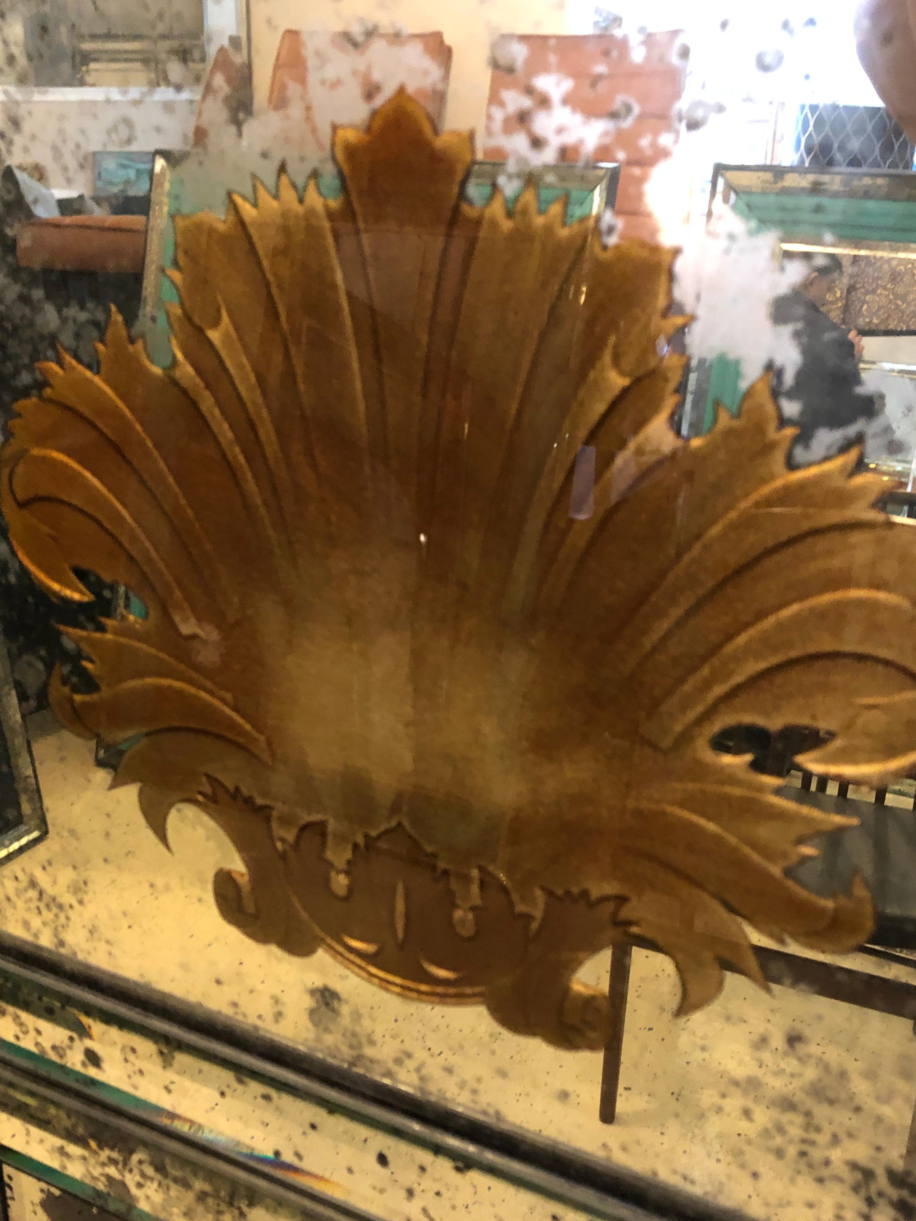 Pair of Art Deco Beveled Console or Wall Mirrors with Engraved Gilt Shell Motif 2