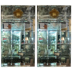 Pair of Art Deco Beveled Console or Wall Mirrors with Engraved Gilt Shell Motif
