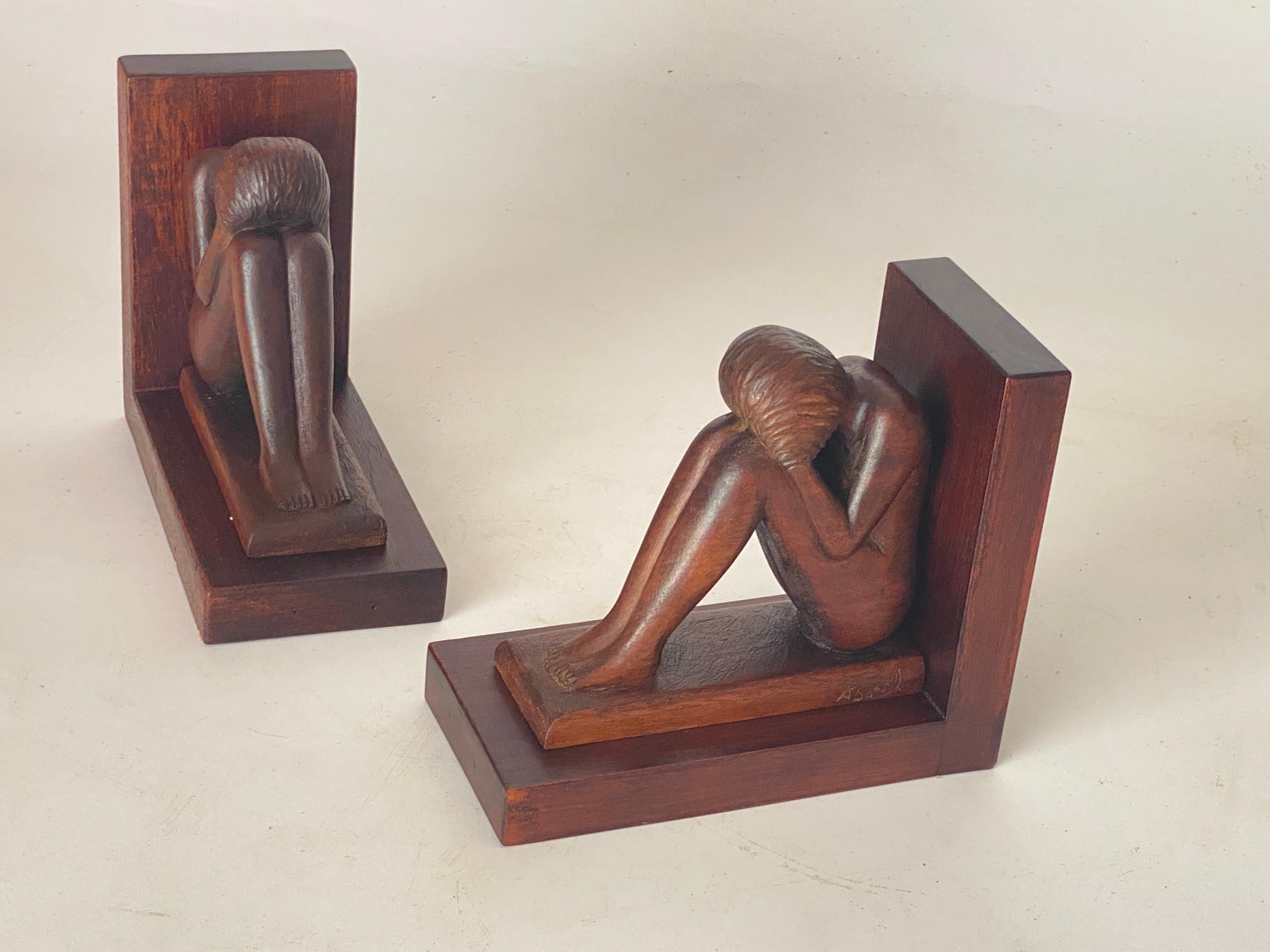 Pair of Art Deco Birds Book ends, Wood, Brown France, 1940 For Sale 1
