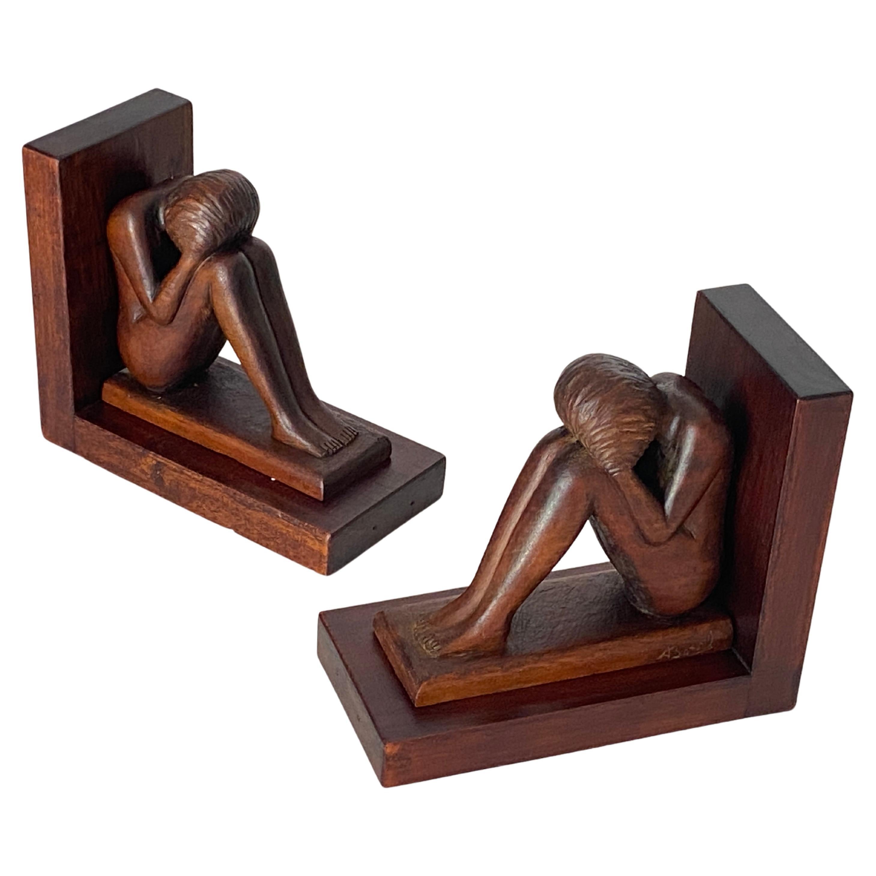 Pair of Art Deco Birds Book ends, Wood, Brown France, 1940 For Sale