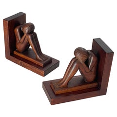 Vintage Pair of Art Deco Birds Book ends, Wood, Brown France, 1940