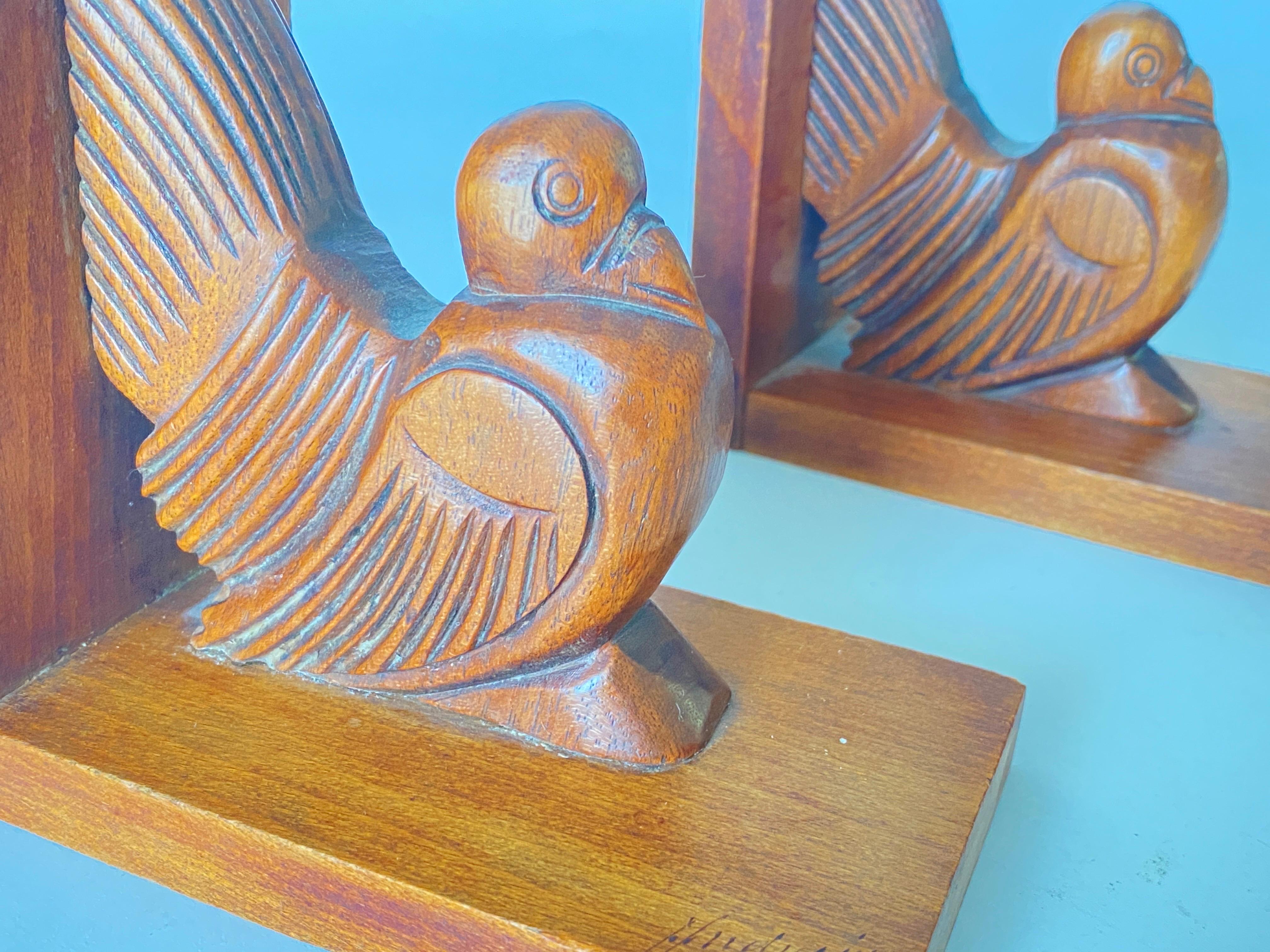 Pair of Art Deco Birds Book ends, Wood, Brown, France, 1940 For Sale 3