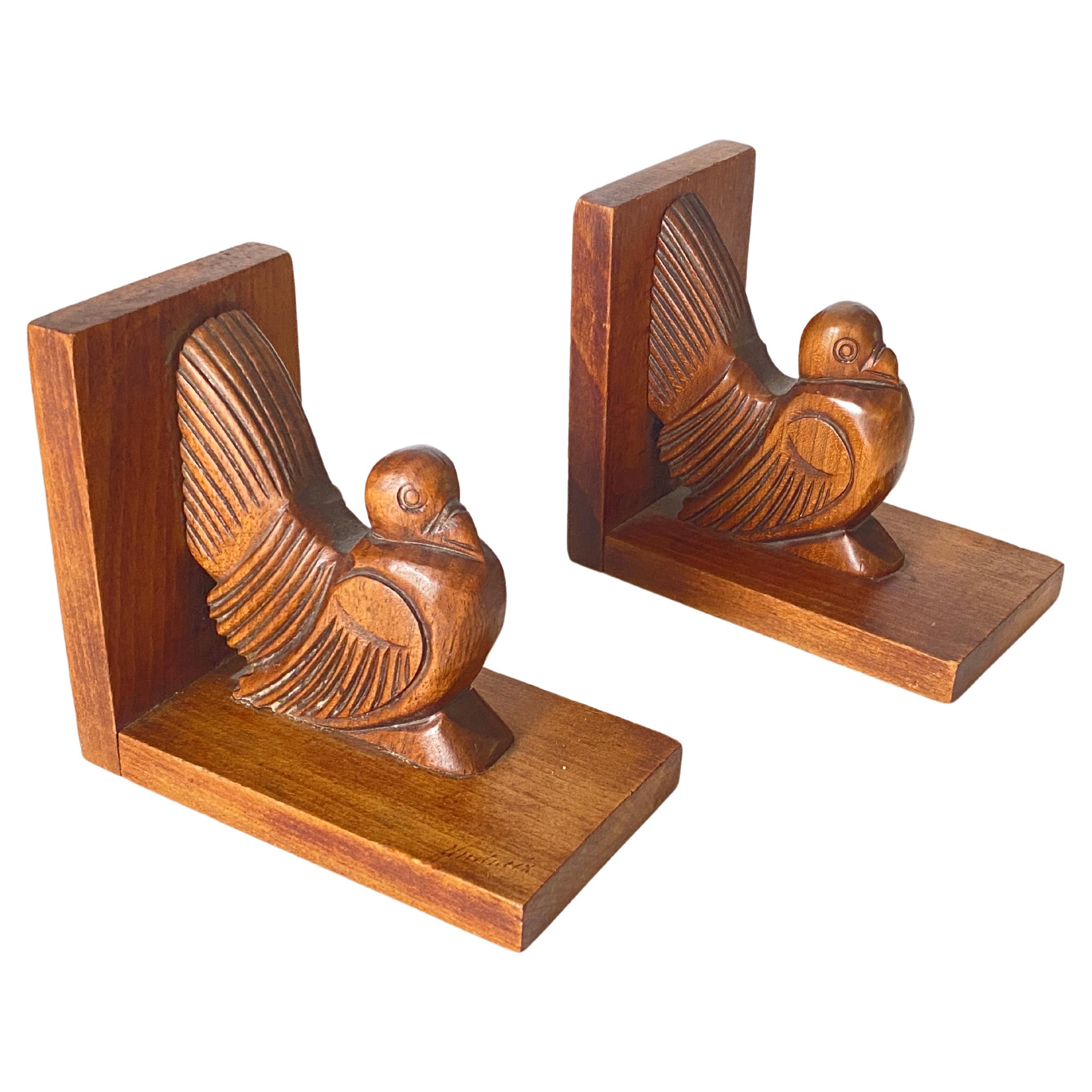 Pair of Art Deco Birds Book ends, Wood, Brown, France, 1940 For Sale