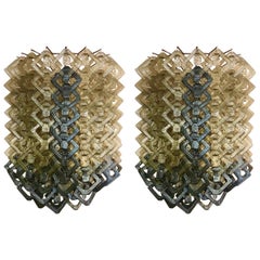 Pair of Art Deco Black and Amber Murano Glass Italian Sconces, 1930s