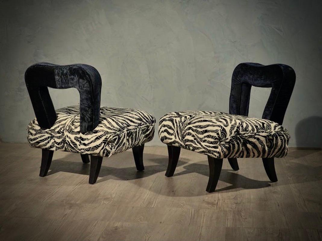 Art Deco Black and White Velvet French Armchairs, 1920 For Sale 3