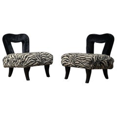 Pair of Art Deco Black and White Velvet French Armchairs, 1920