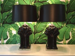 Pair of Art Deco Black Ceramic and Lucite Waterfall Table Lamps