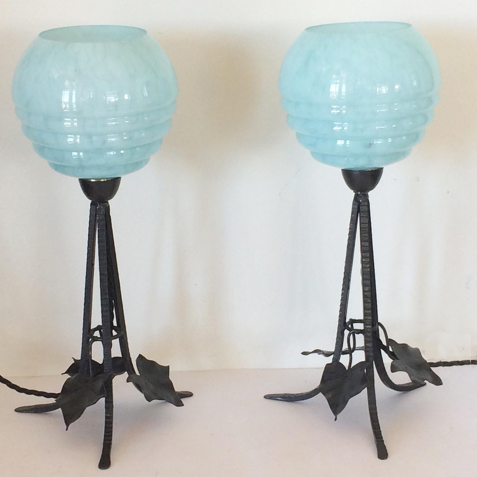 Early 20th Century Pair of Art Deco Black Forge Iron Lamps with Sky Blue Shades