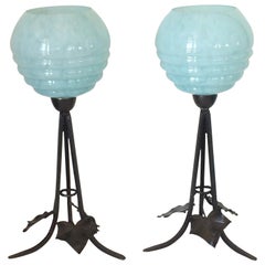 Antique Pair of Art Deco Black Forge Iron Lamps with Sky Blue Shades