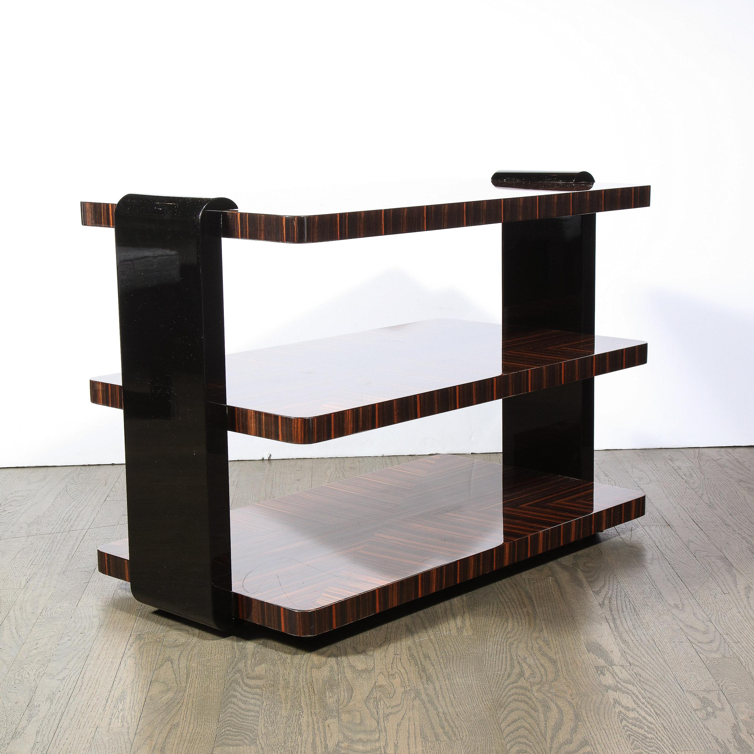 Pair of Art Deco Black Lacquer & Bookmatched Macassar Ebony Occasional Tables 10