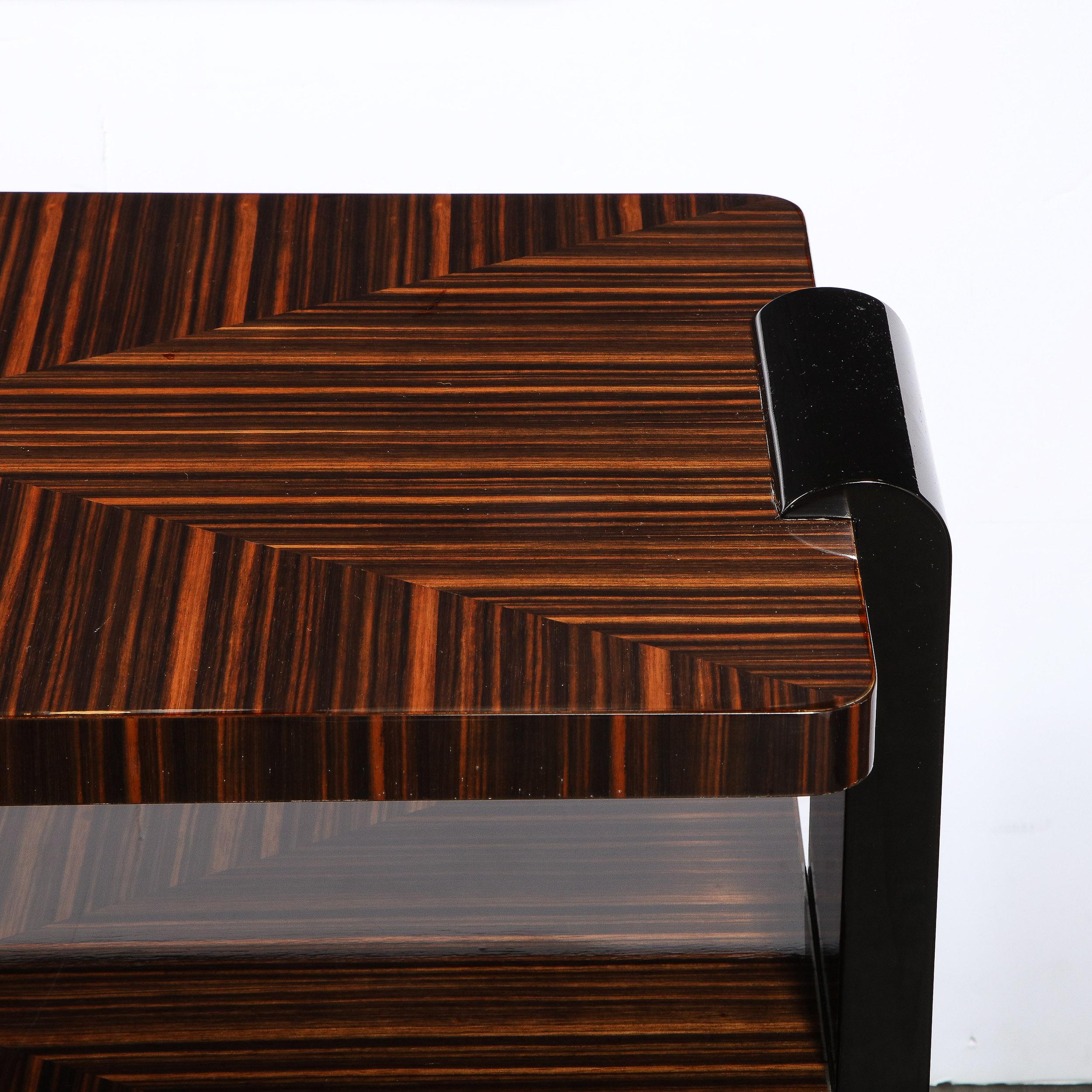 Mid-20th Century Pair of Art Deco Black Lacquer & Bookmatched Macassar Ebony Occasional Tables