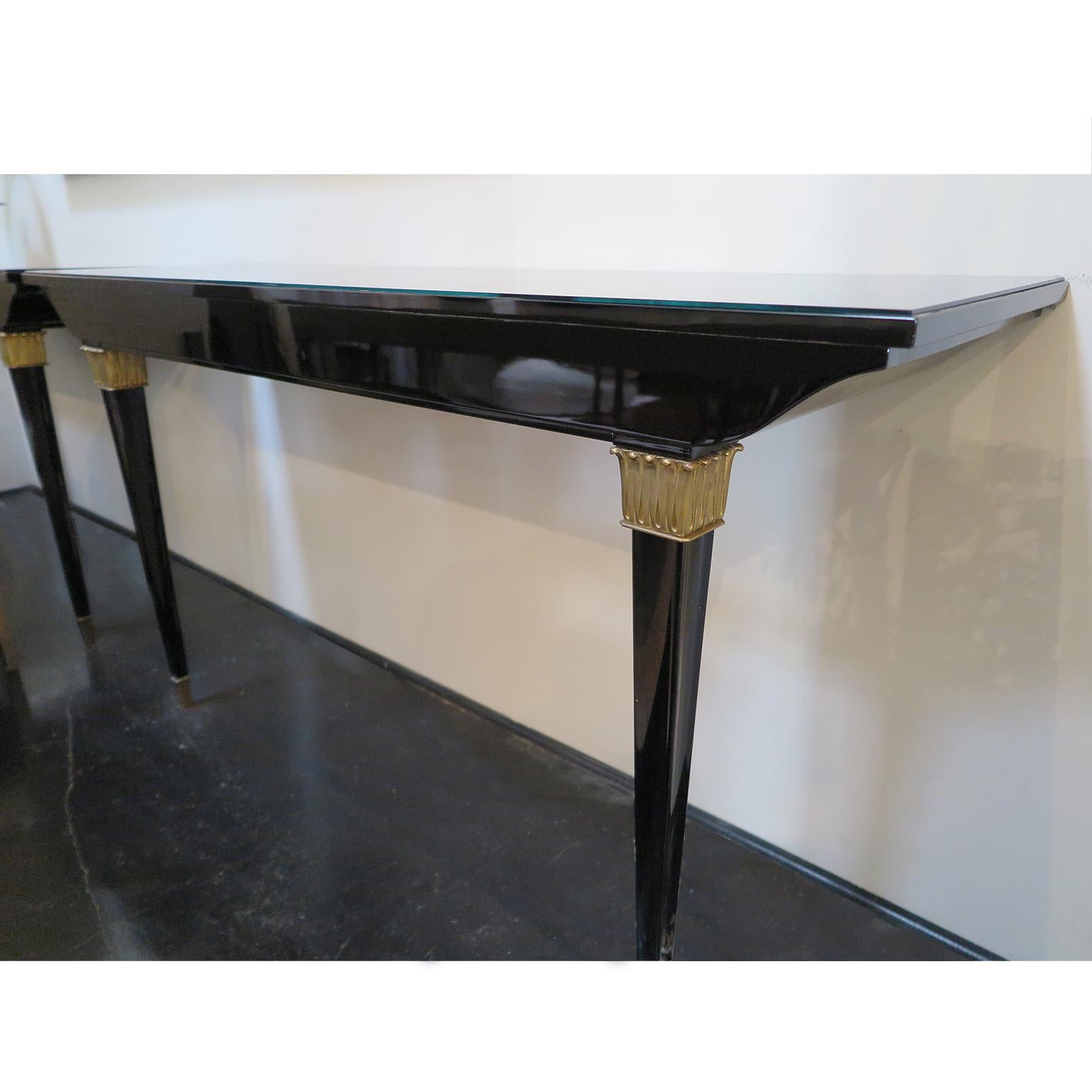 Pair of Art Deco Black Lacquer Wall Mounted Consoles with Brass Accents For Sale 3