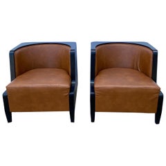 Pair of Art Deco Black Lacquered and Leather Chairs