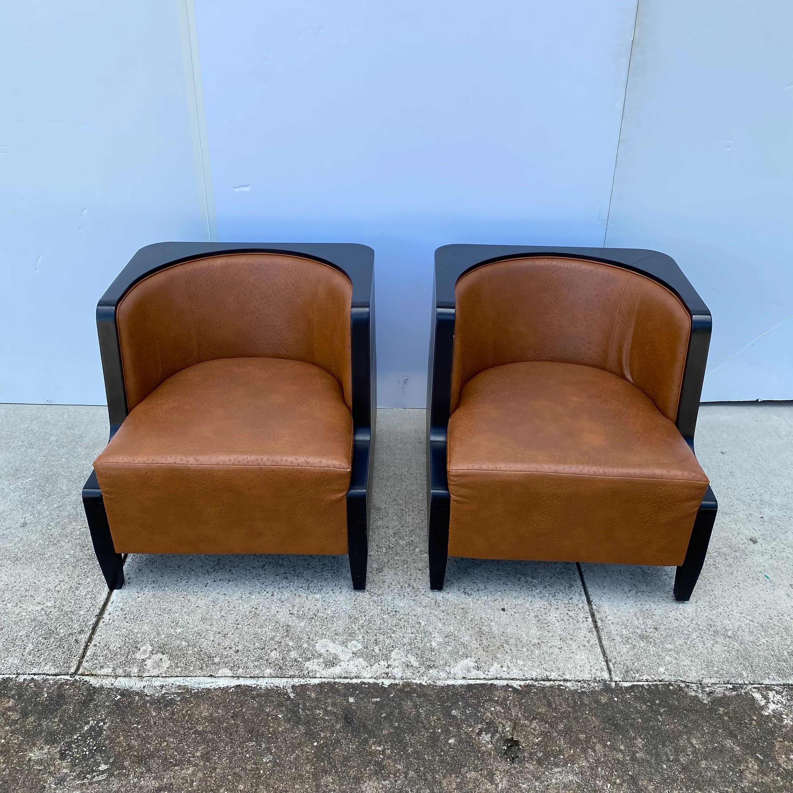 French Pair of Art Deco Black Lacquered and Leather Chairs