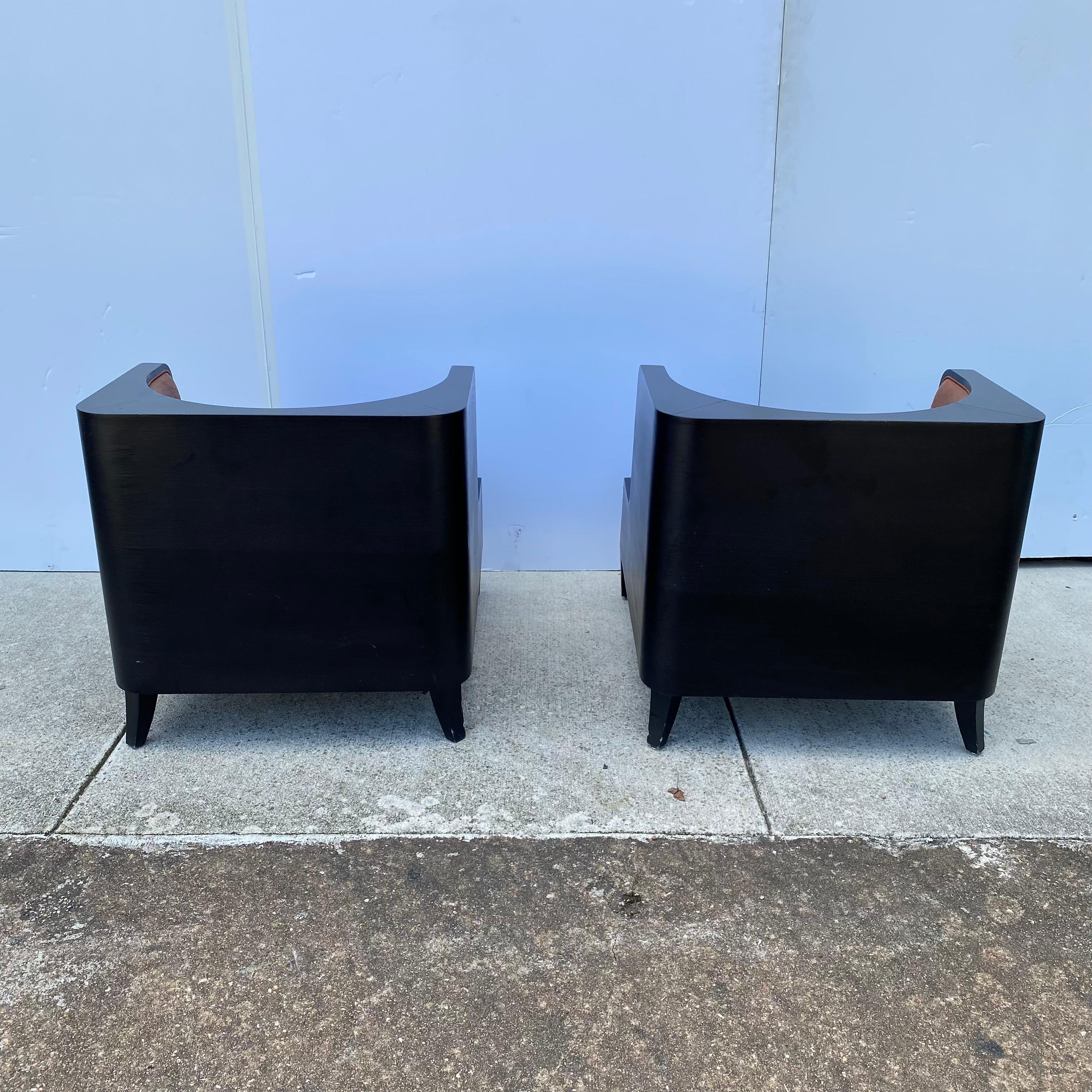 Pair of Art Deco Black Lacquered and Leather Chairs In Good Condition In Austin, TX