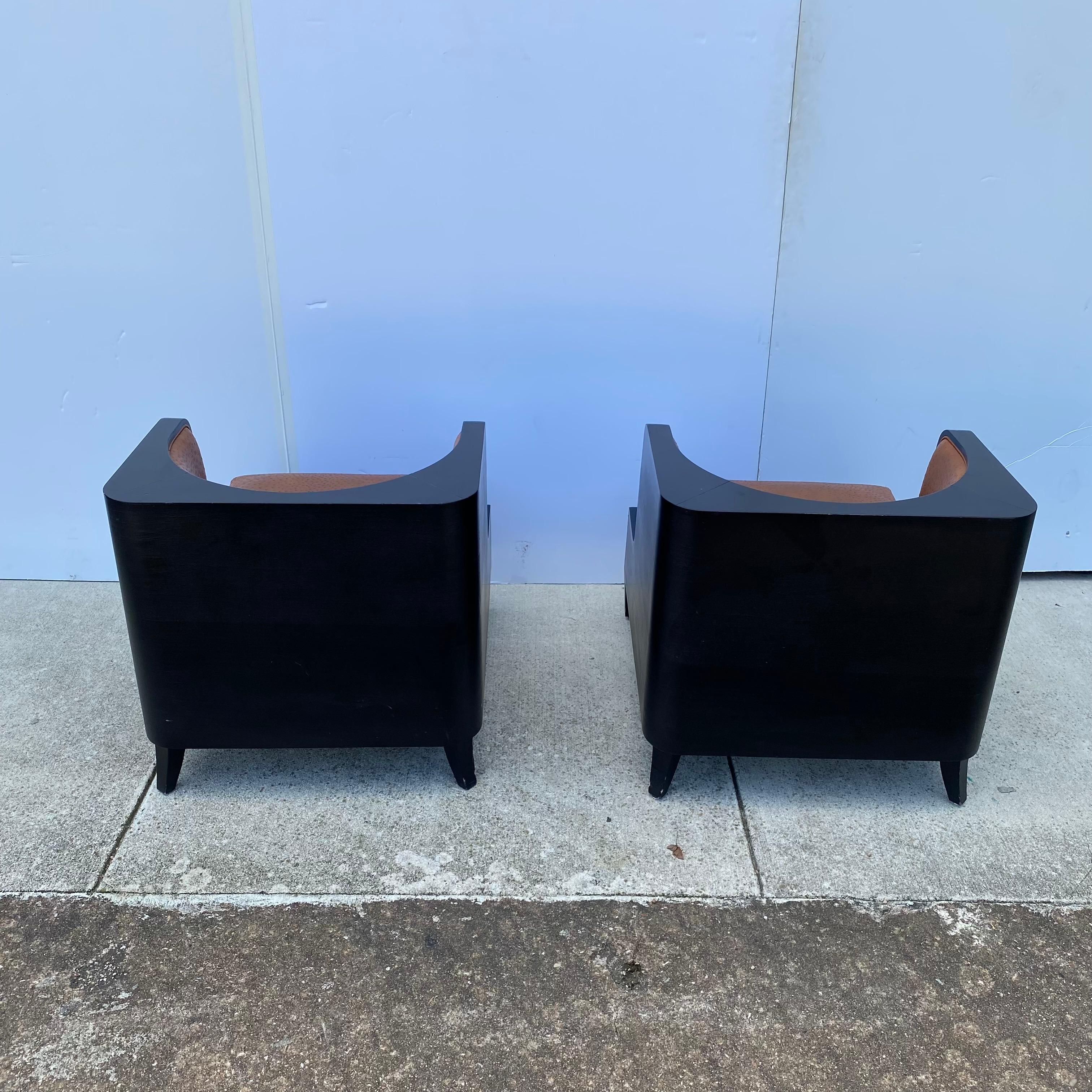 20th Century Pair of Art Deco Black Lacquered and Leather Chairs