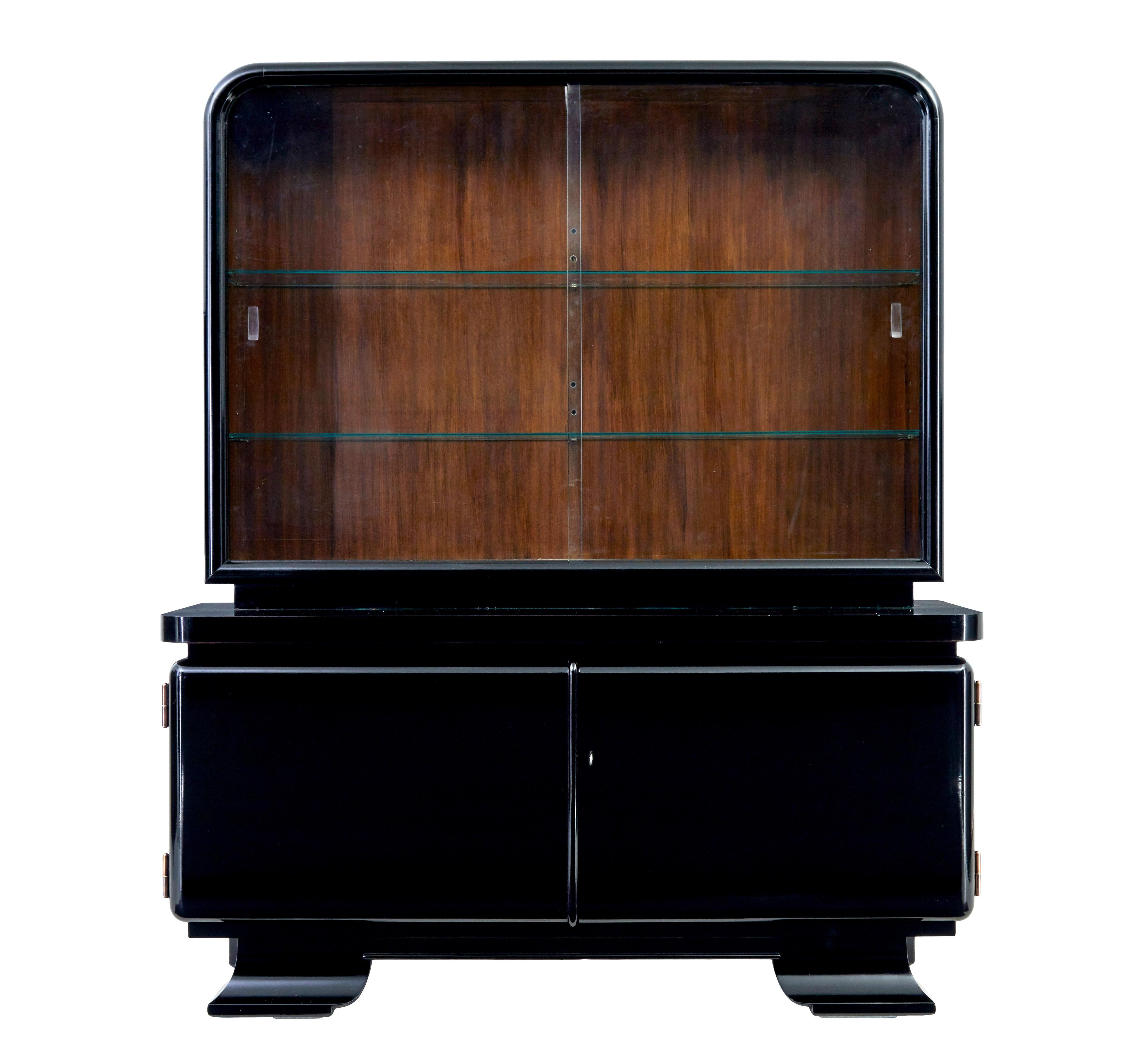 Swedish Pair of Art Deco black lacquered glazed cabinets For Sale