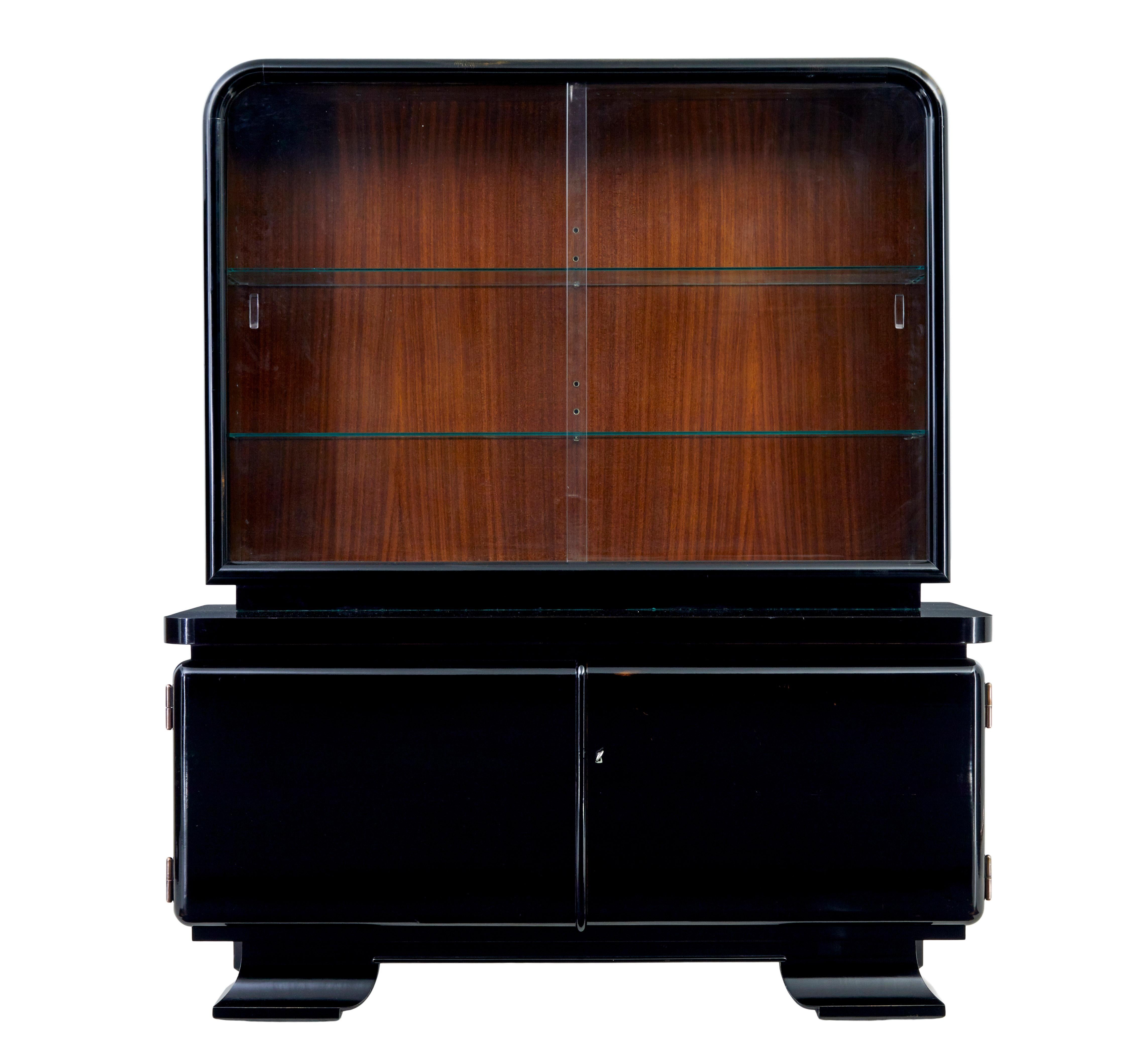 Glazed Pair of art deco black lacquered glazed cabinets For Sale