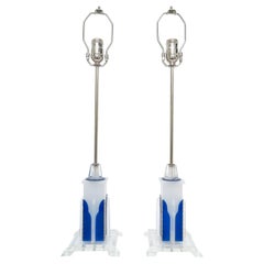 Pair of Art Deco Blue and White Lucite Lamps