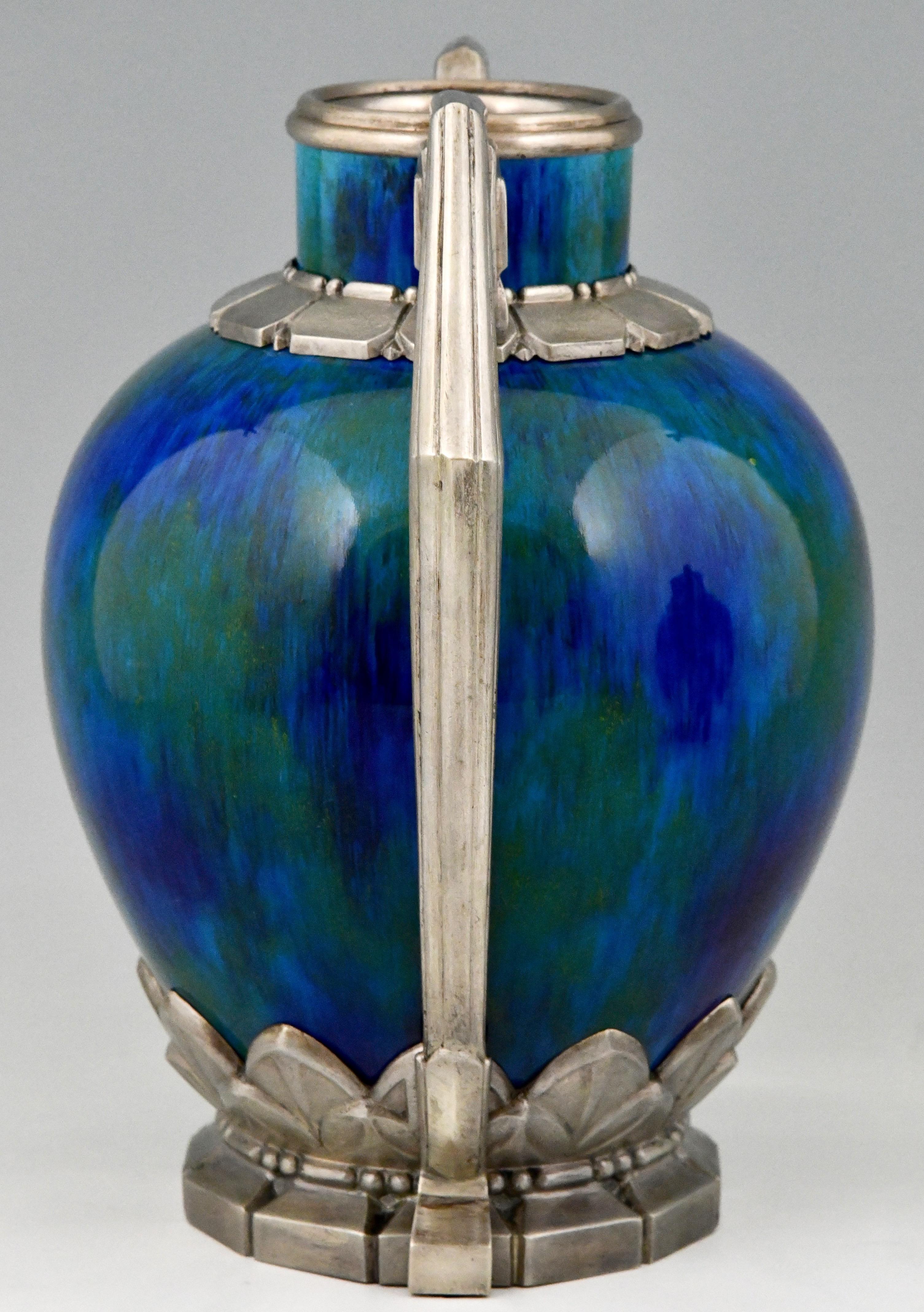 Glazed Pair of Art Deco Blue Ceramic and Bronze Vases Paul Milet for Sevres 1920 France