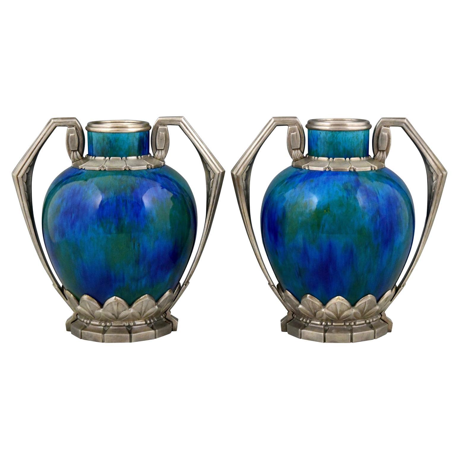 Pair of Art Deco Blue Ceramic and Bronze Vases Paul Milet for Sevres 1920 France