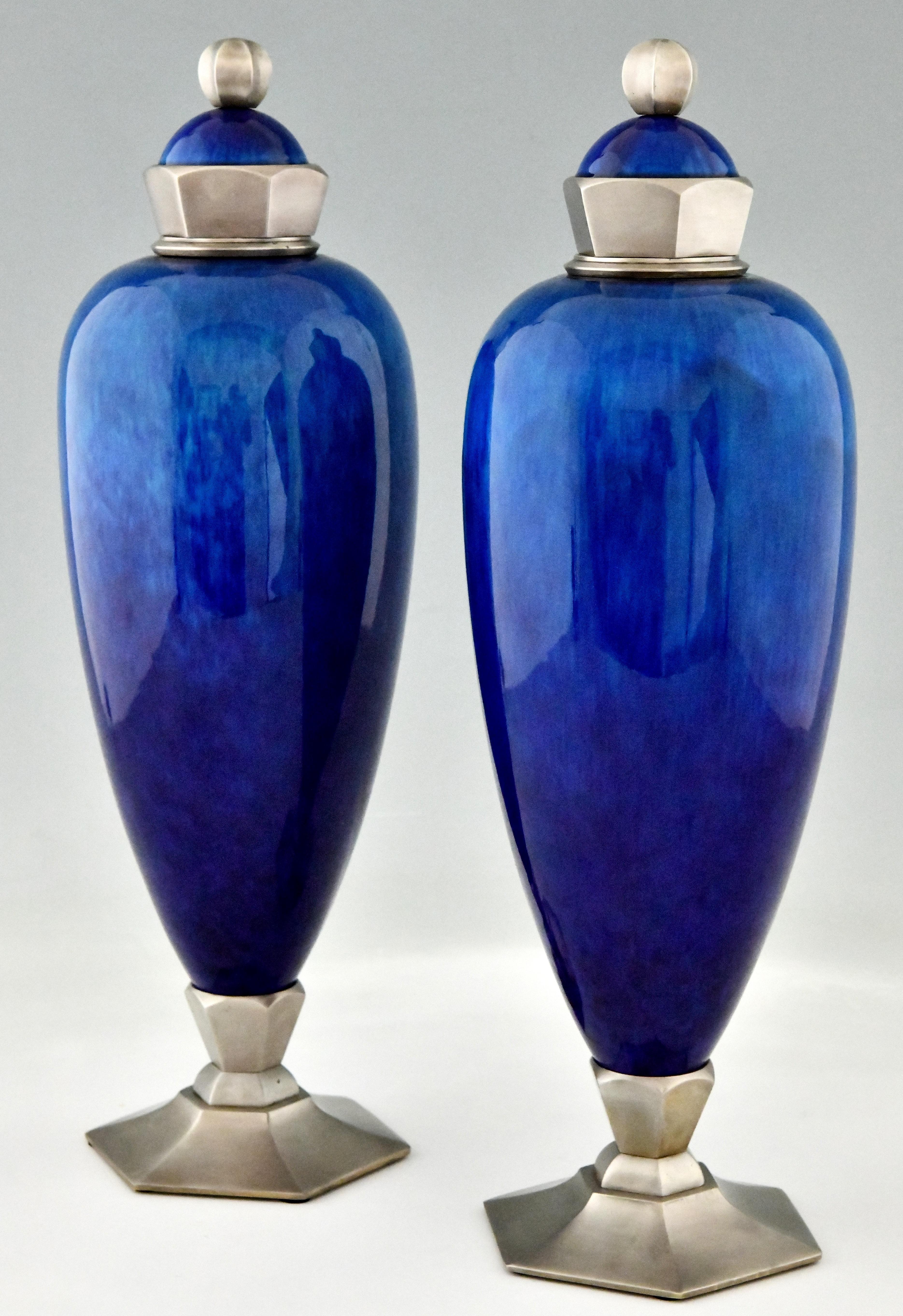 French Pair of Art Deco Blue Ceramic Vases or Urns Paul Milet for Sèvres France, 1925