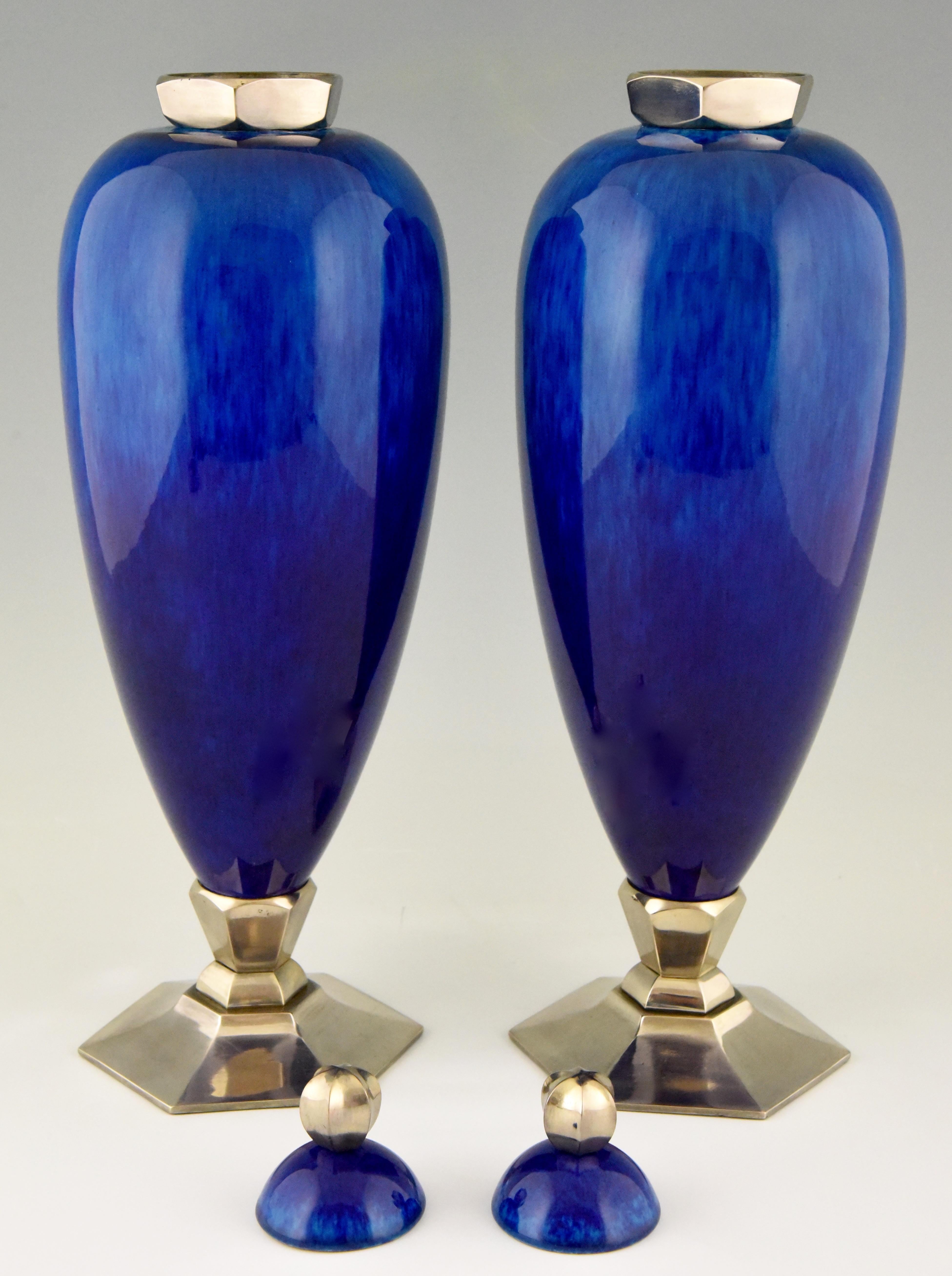 French Pair of Art Deco Blue Ceramic Vases or Urns Paul Milet for Sèvres France, 1925