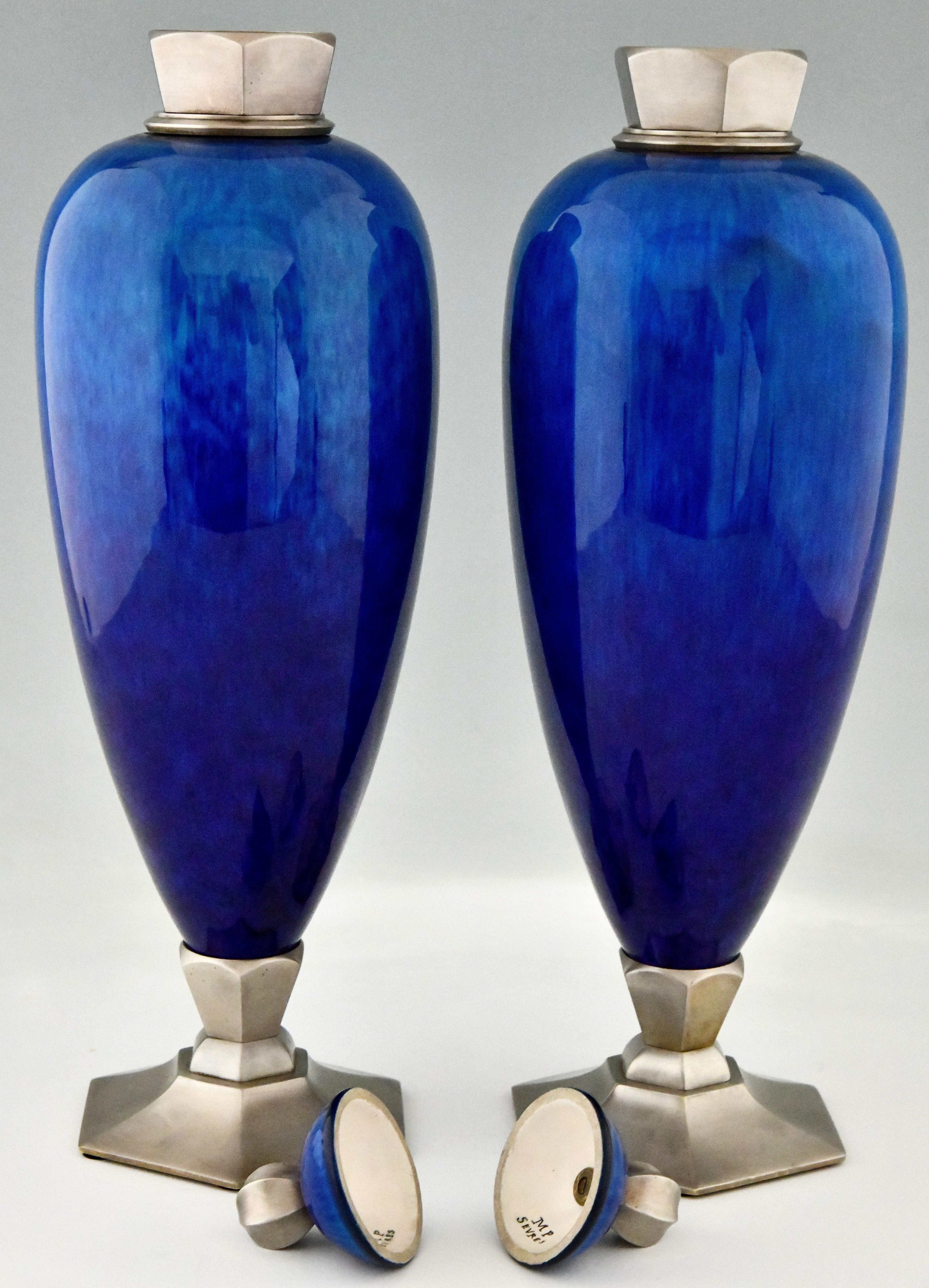 Pair of Art Deco Blue Ceramic Vases or Urns Paul Milet for Sèvres France, 1925 In Good Condition In Antwerp, BE