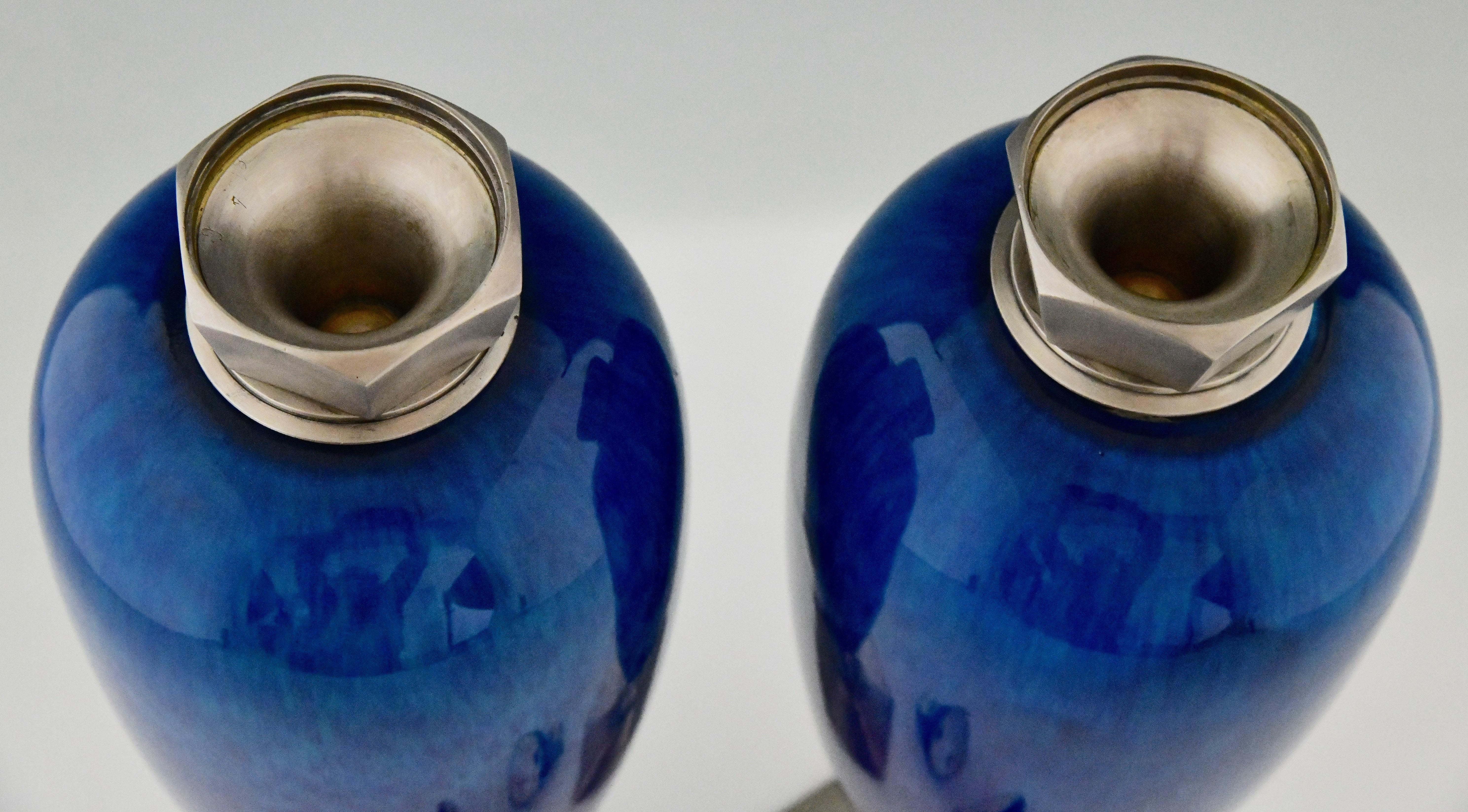 Early 20th Century Pair of Art Deco Blue Ceramic Vases or Urns Paul Milet for Sèvres France, 1925