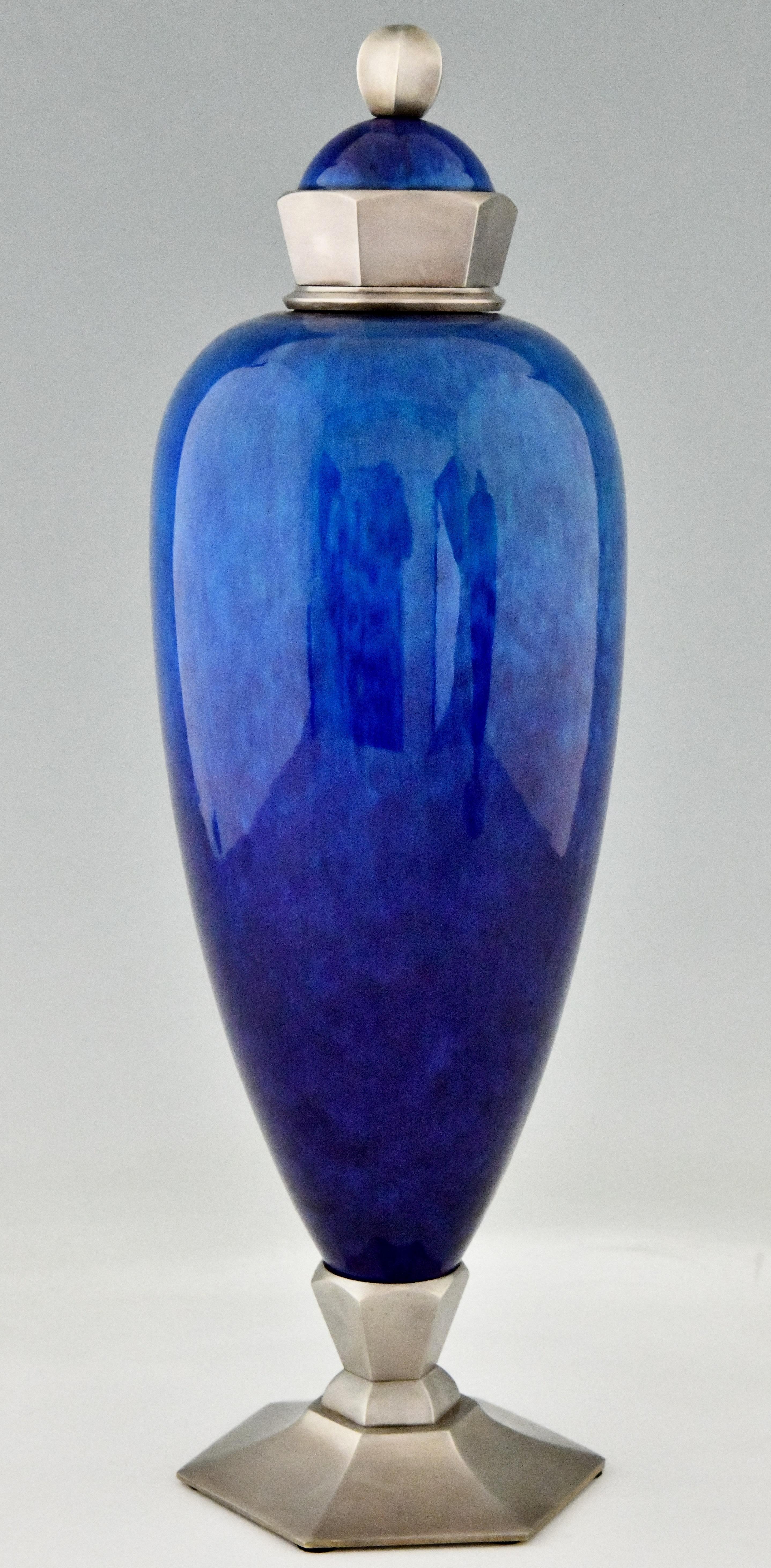 Bronze Pair of Art Deco Blue Ceramic Vases or Urns Paul Milet for Sèvres France, 1925