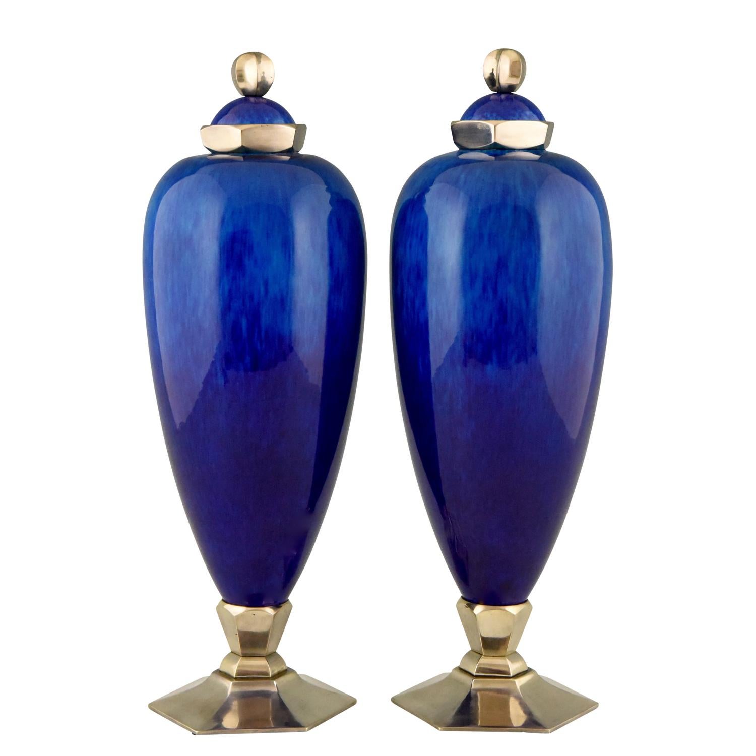 Pair of Art Deco Blue Ceramic Vases or Urns Paul Milet for Sèvres France, 1925