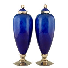 Pair of Art Deco Blue Ceramic Vases or Urns Paul Milet for Sèvres France, 1925