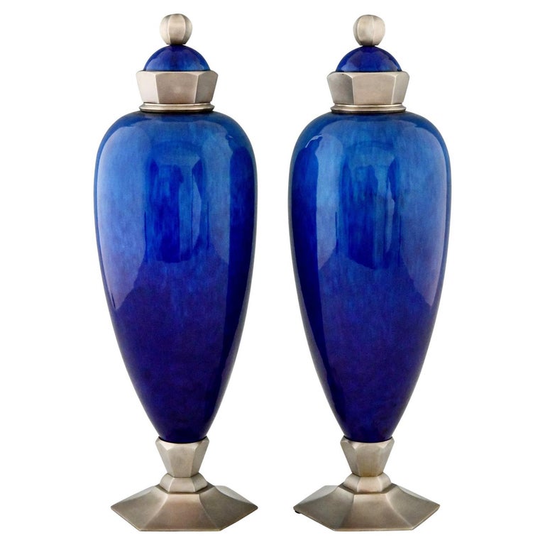Pair of Art Deco Blue Ceramic Vases or Urns Paul Milet for Sèvres