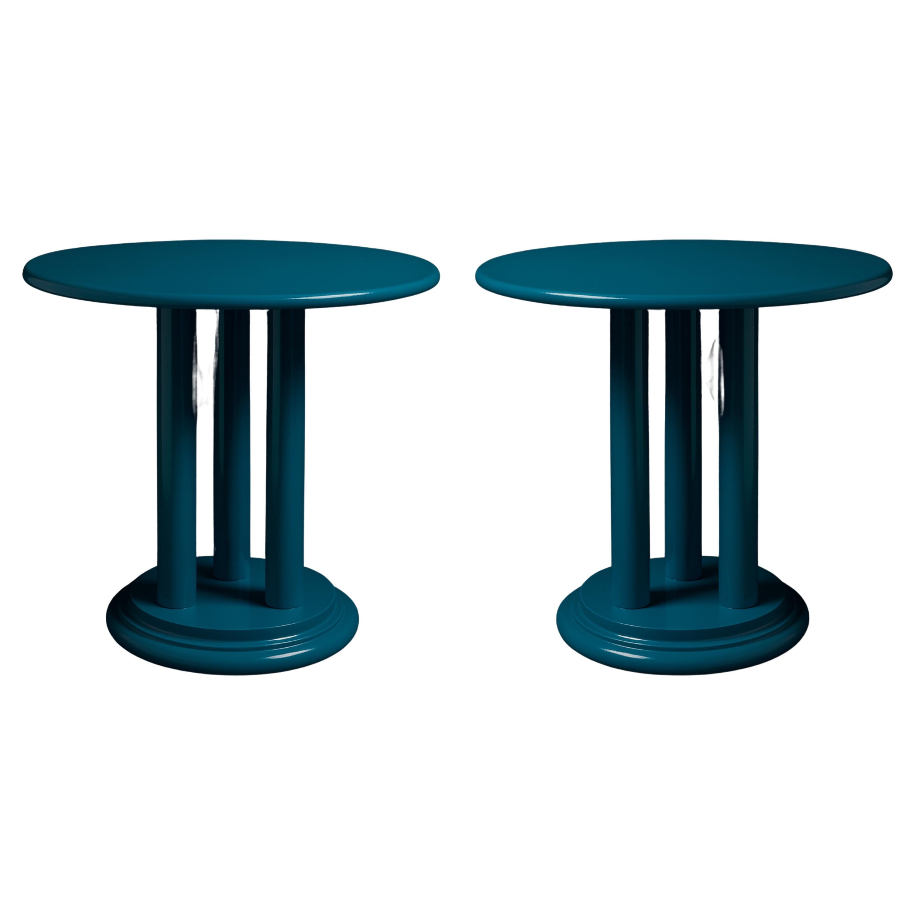 Pareja de Mesas de Pedestal Art Decó color pavo real azul, Siglo XX en venta