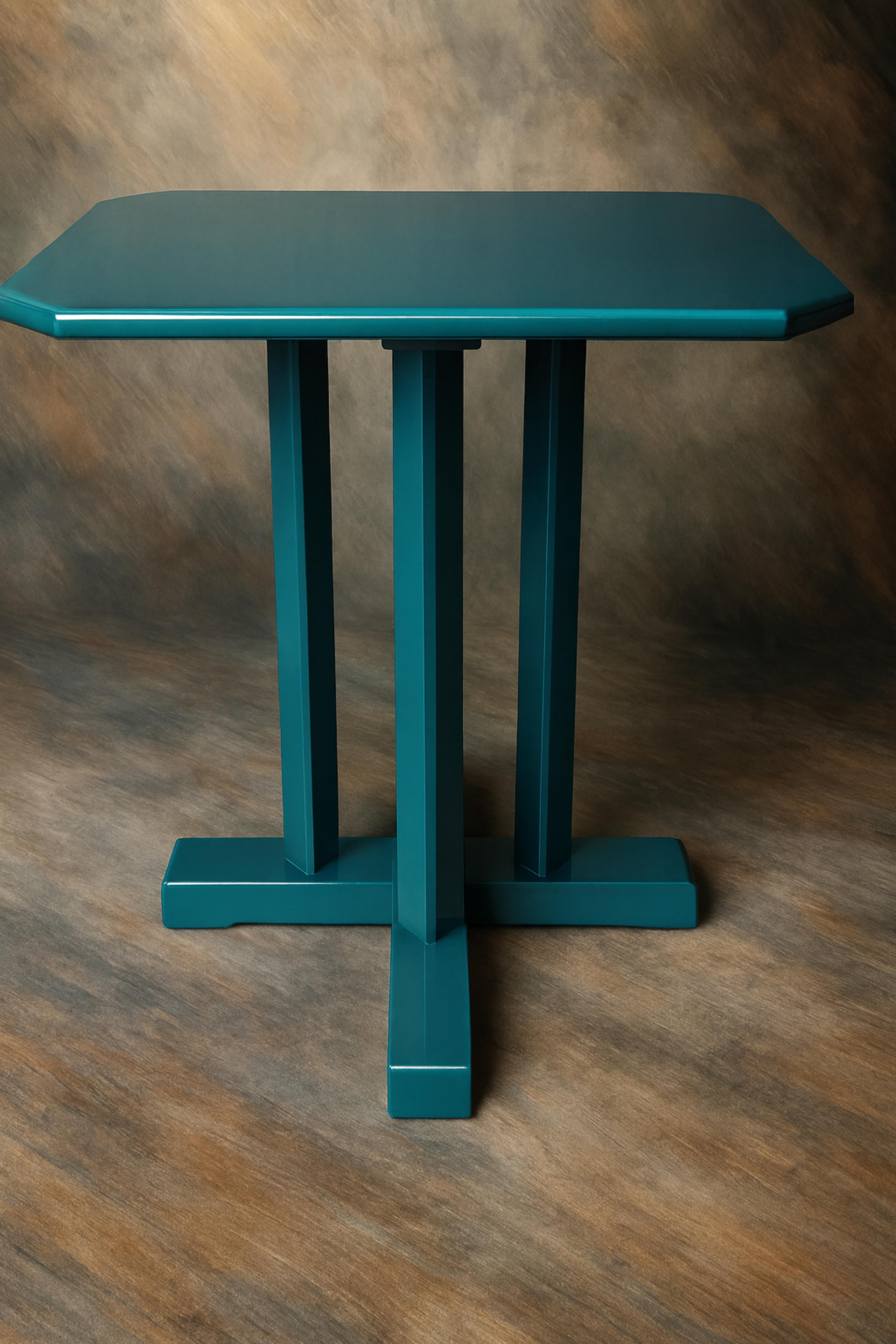 Coppia di tavolini da caffè bistrot in noce Art Déco color pavone blu, XX secolo in vendita 3