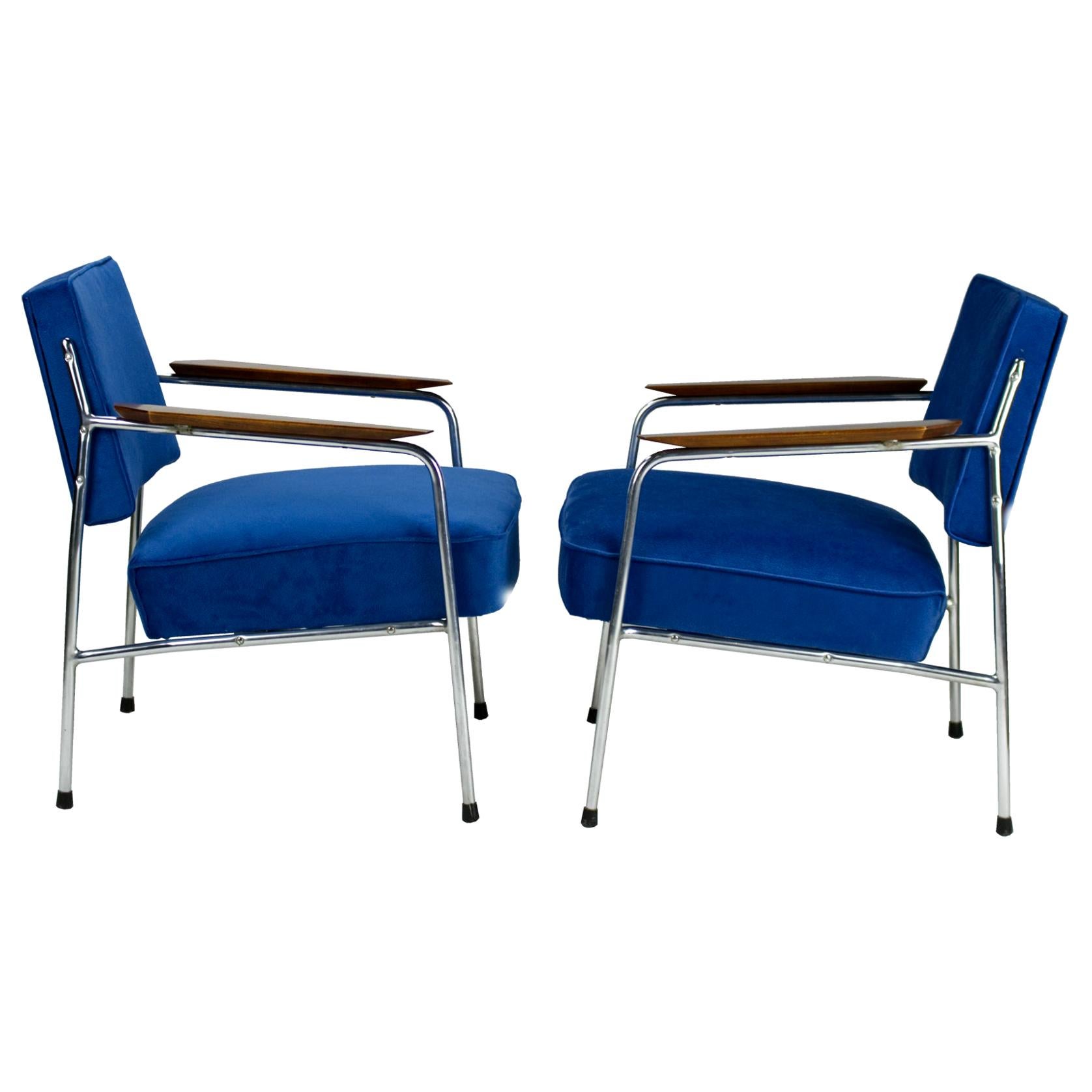 Pair of Art Deco Blue Tubular Steel Armchairs, New Upholstery, circa 1930