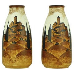 Pair of Art Deco Boch Keramis Vases with Village Landscape
