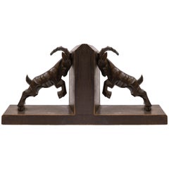 Pair of Art Deco Book Stands, Bookends with Chamois Motif, Carved Wood, 1930s