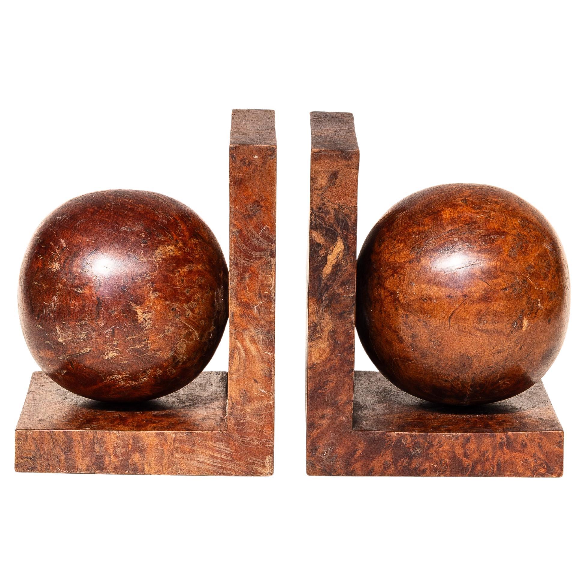 Pair of Art Deco Bookends, Cypress Burl Wood Spheres, French Mid-Century Modern