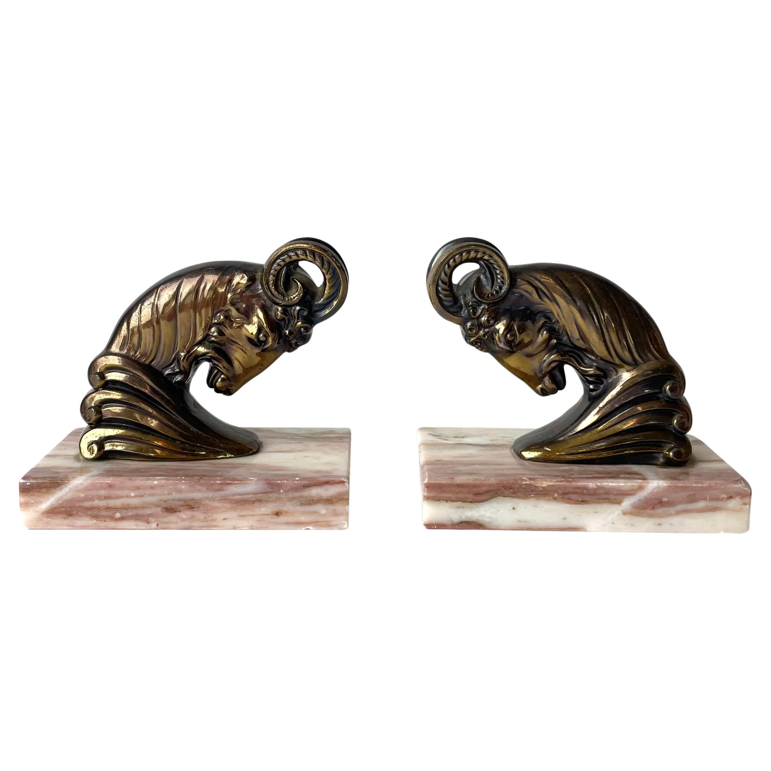 Pair of Art Deco Bookends from the 1930s with very period and powerful rams. For Sale