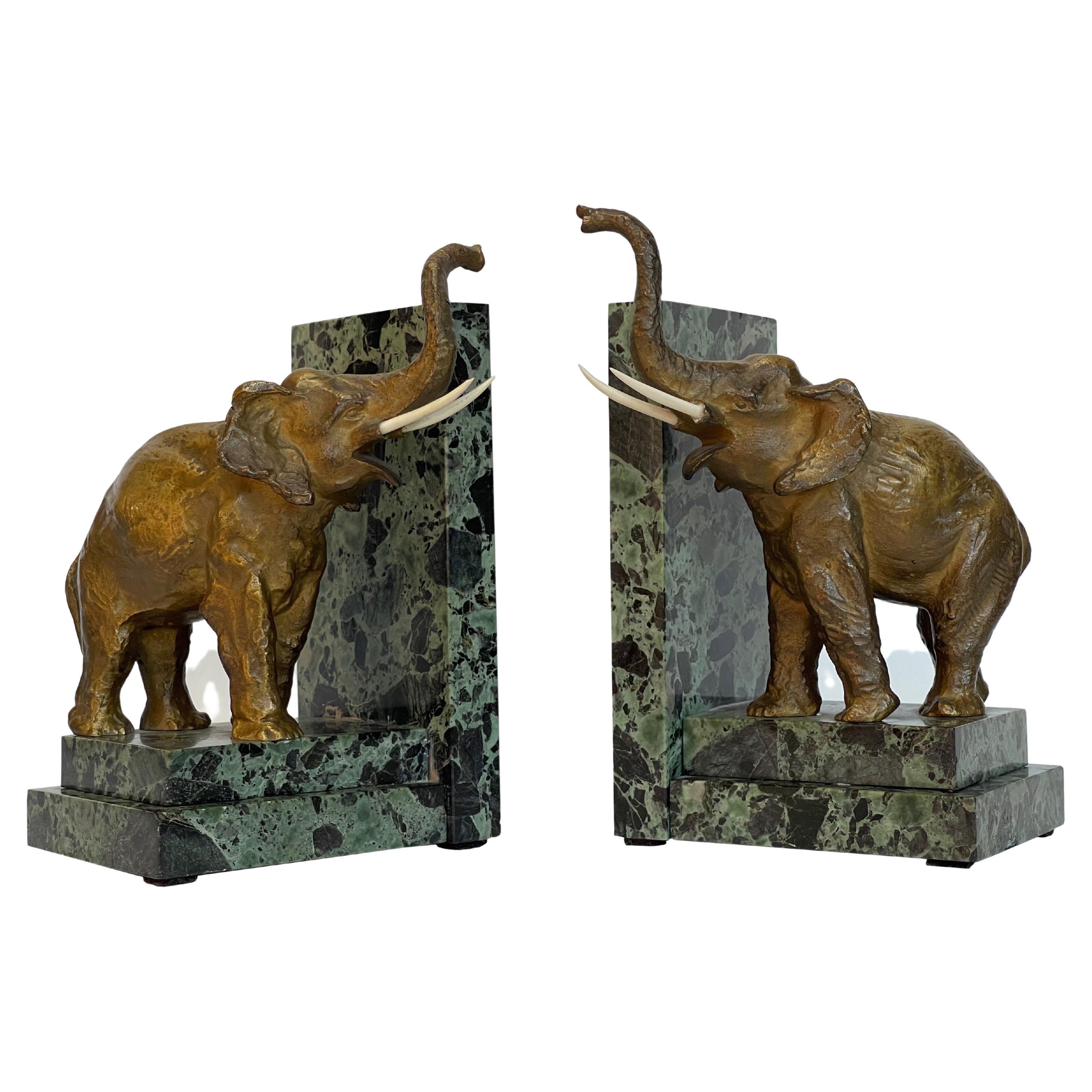 Pair of Art Deco Bookends in Bronze and Marble