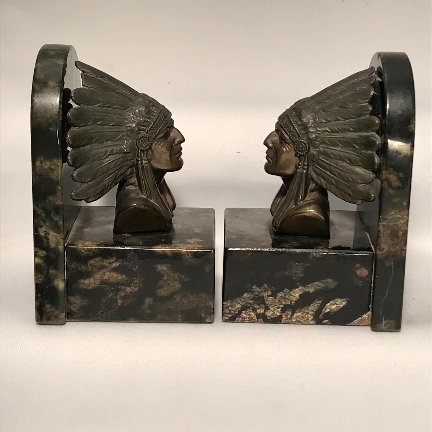 Early 20th Century Pair of Art Deco Bookends in Bronze and Marble, Modelled with Chieftains