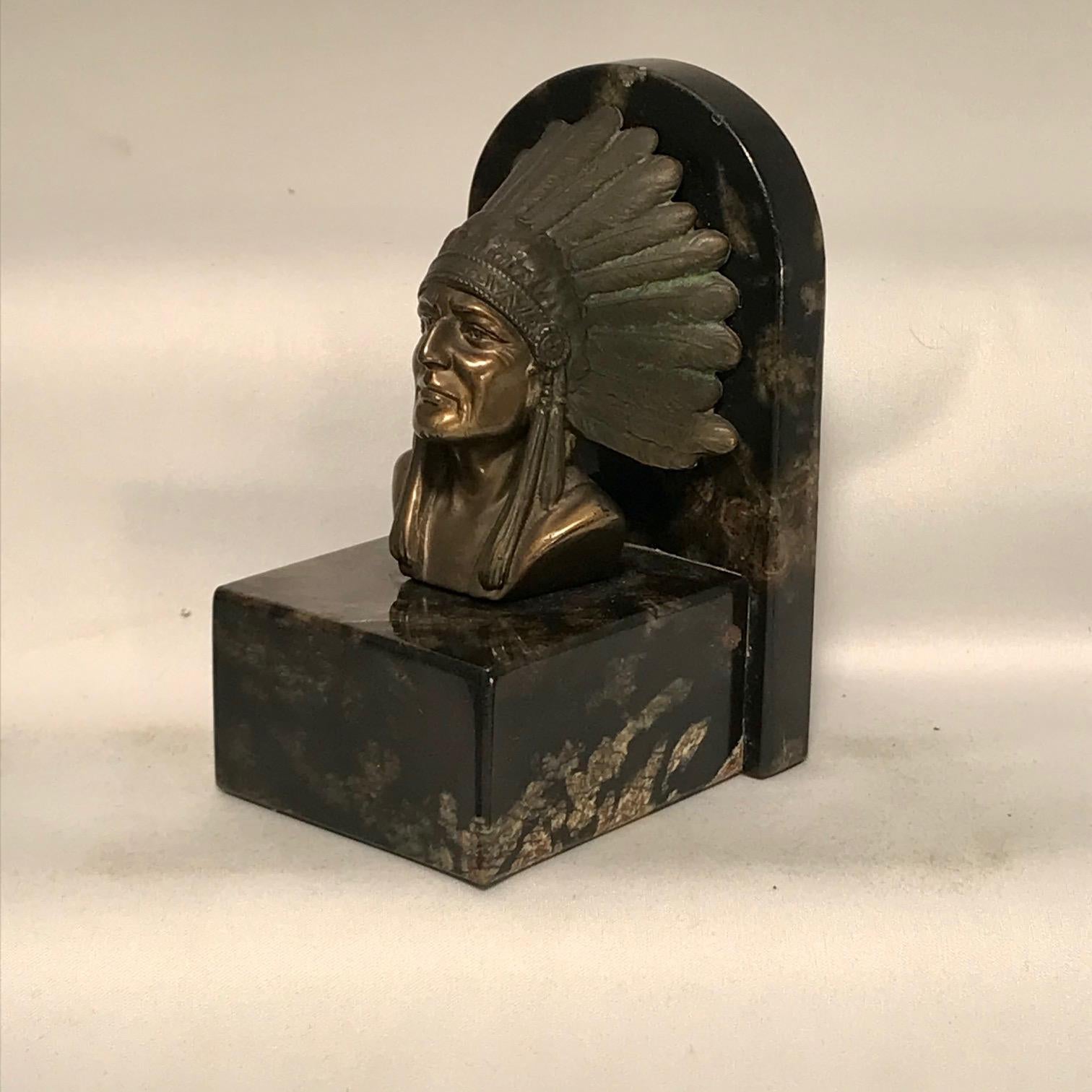 Pair of Art Deco Bookends in Bronze and Marble, Modelled with Chieftains 3