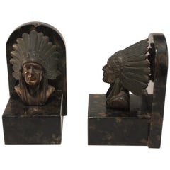 Pair of Art Deco Bookends in Bronze and Marble, Modelled with Chieftains