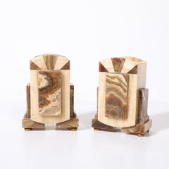Pair of Art Deco Bookends in Tessellated Cream & Ice Sugar Onyx