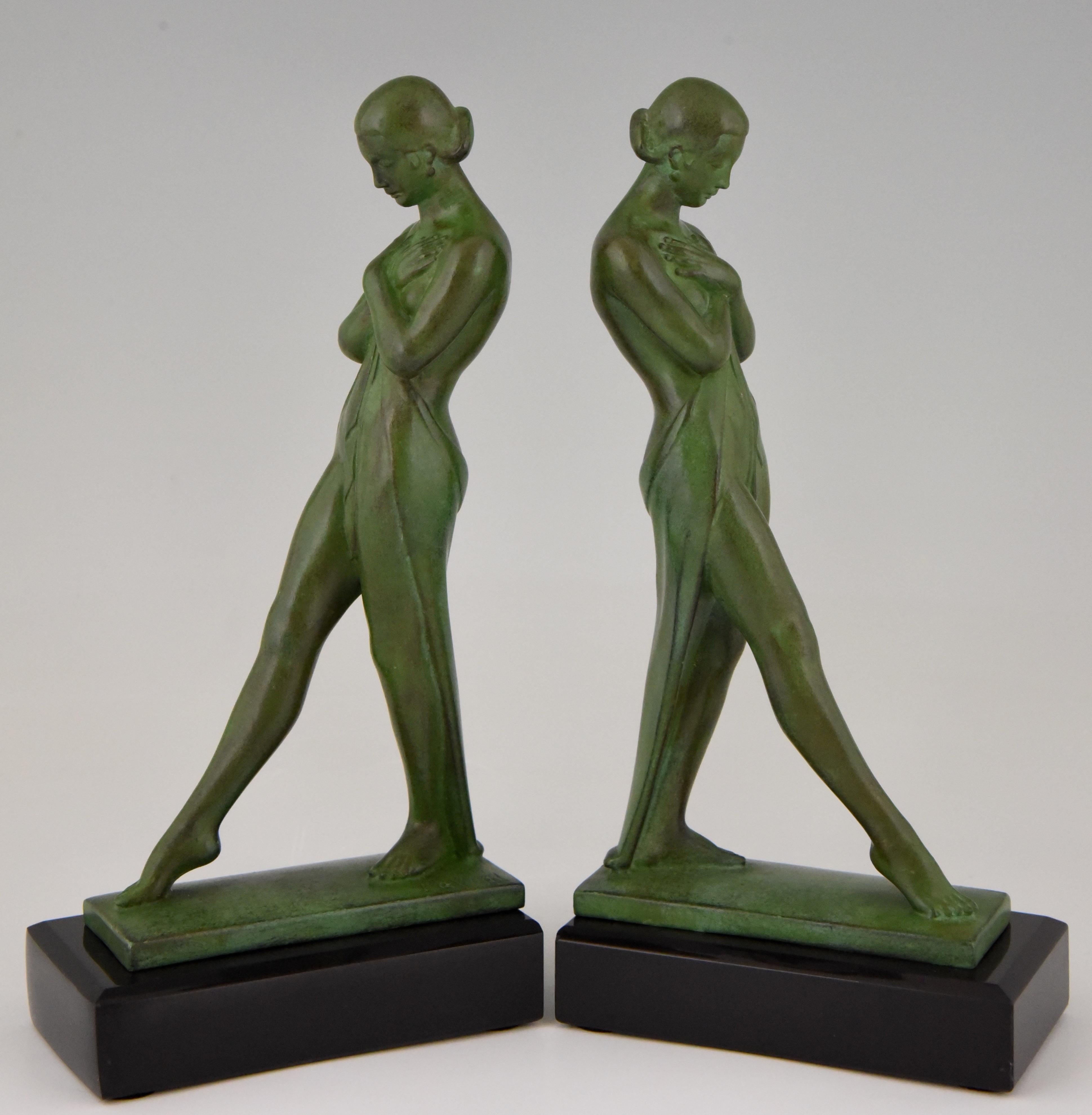 French Pair of Art Deco Bookends Standing Nudes with Drape Fayral, Pierre le Faguays