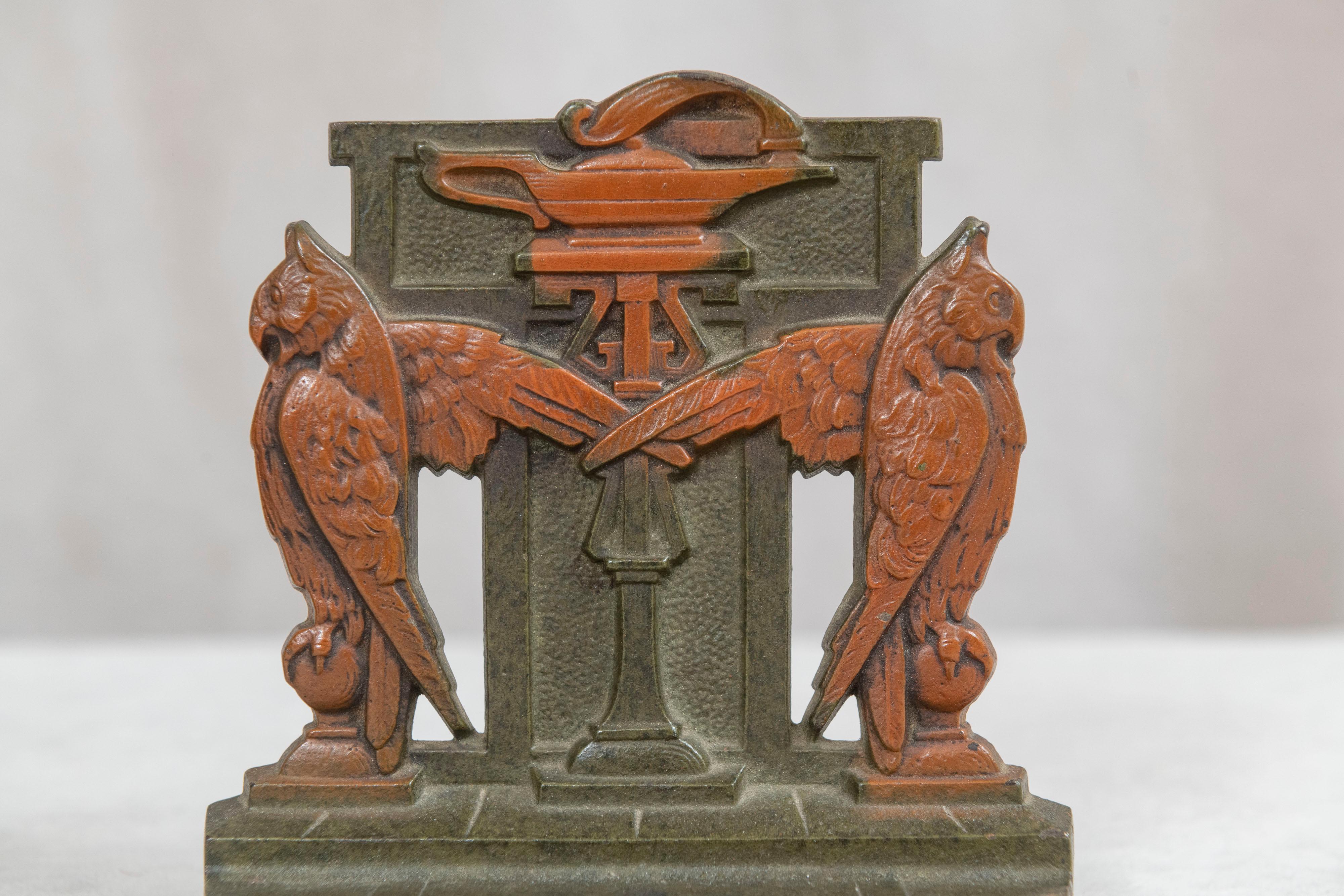 American Pair of Art Deco Bookends w/Owls Surrounding a Flame, ca. 1920's, Judd Co. For Sale
