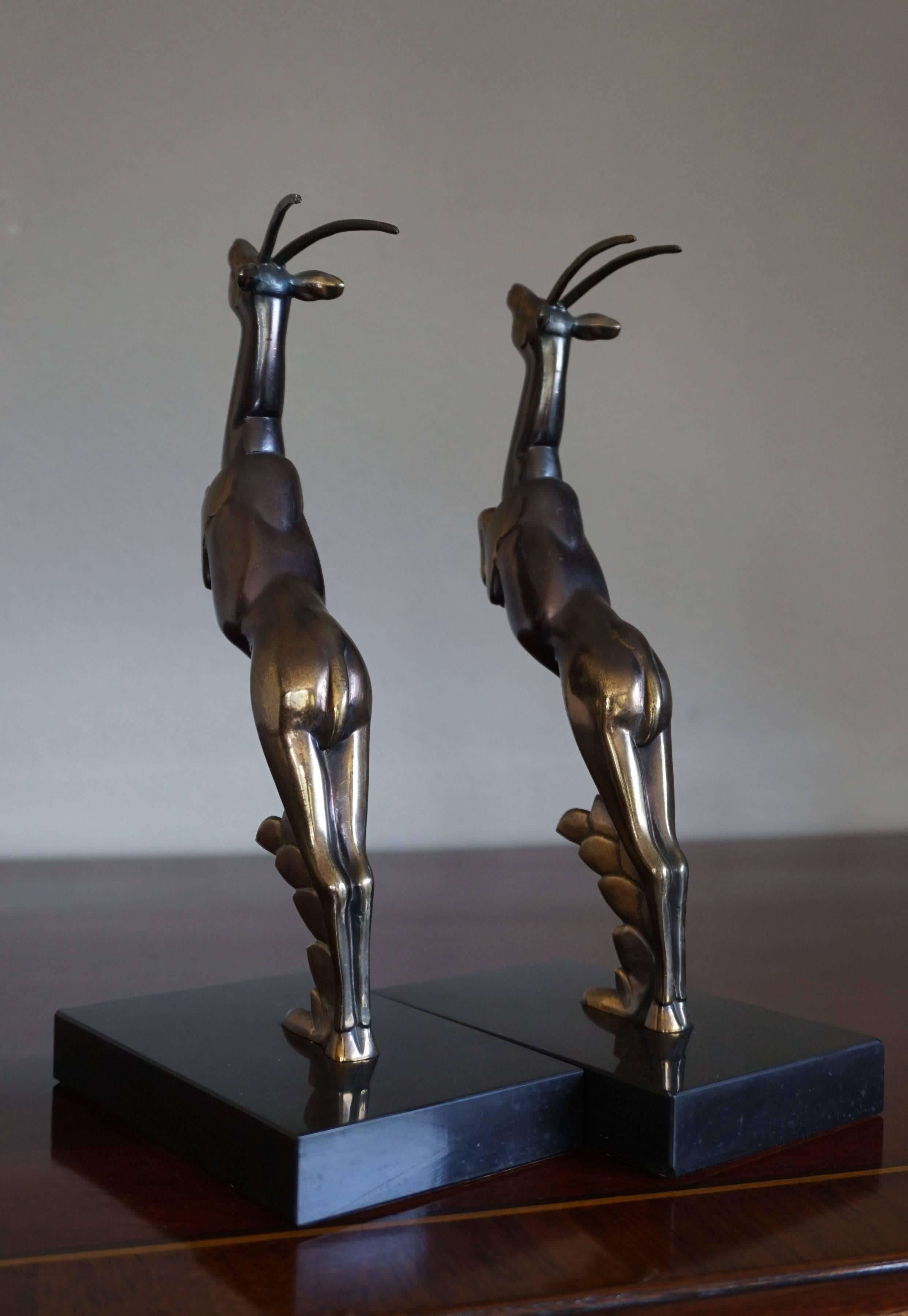 Pair of Art Deco Bookends with Brass Jumping Deer Sculptures on Marble Base For Sale 8